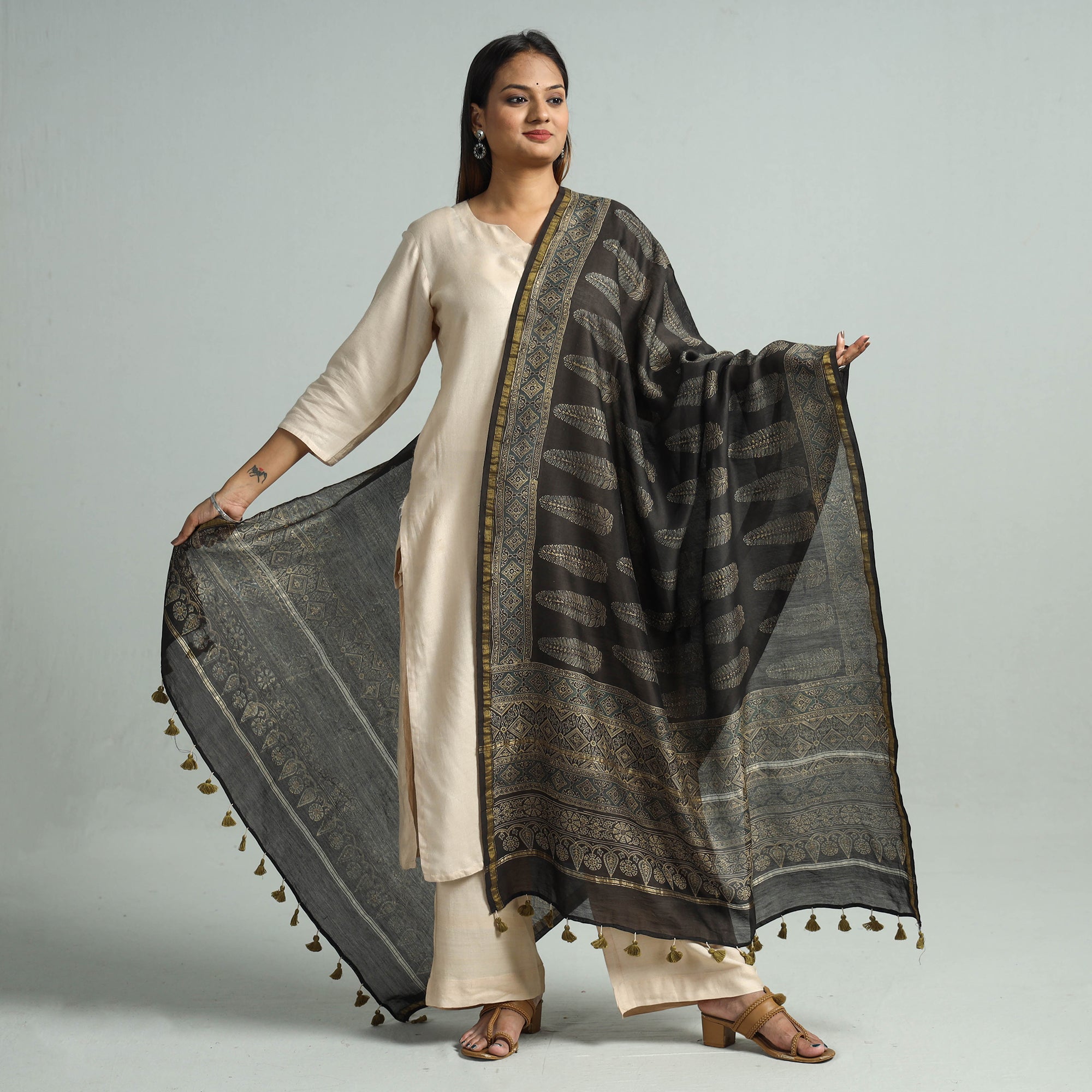 KACHCHH JI CHHAAP Black - Hand Block Print Chanderi Silk Ajrakh Dupatta 69