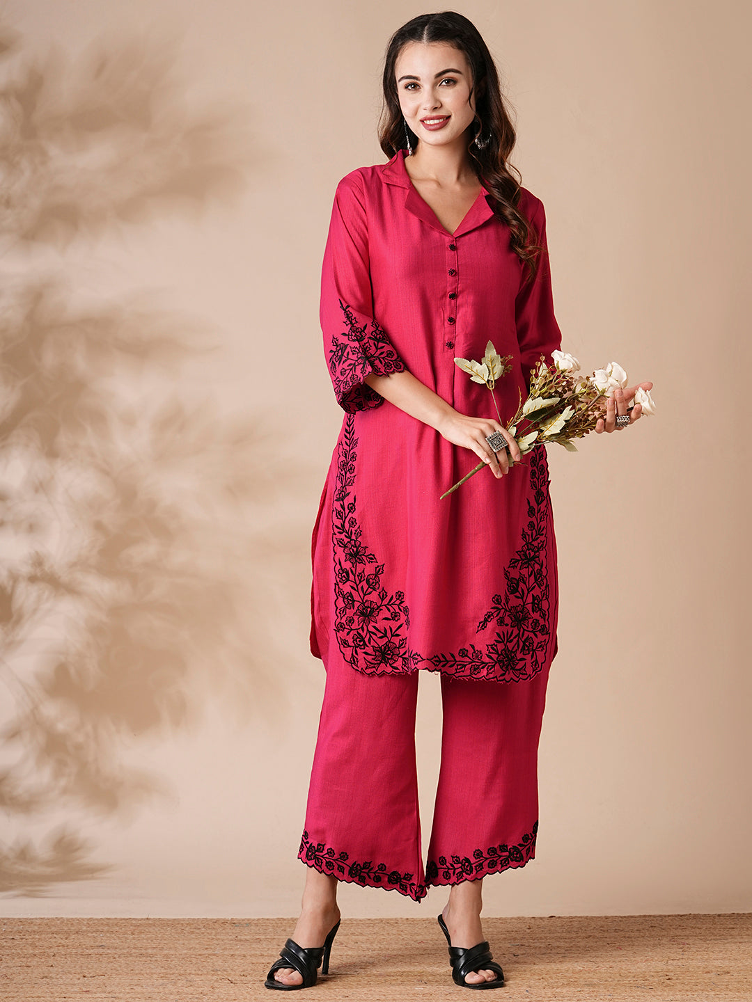 Fashor Solid Resham Cutwork Embroidered Kurta with Palazzo - Pink