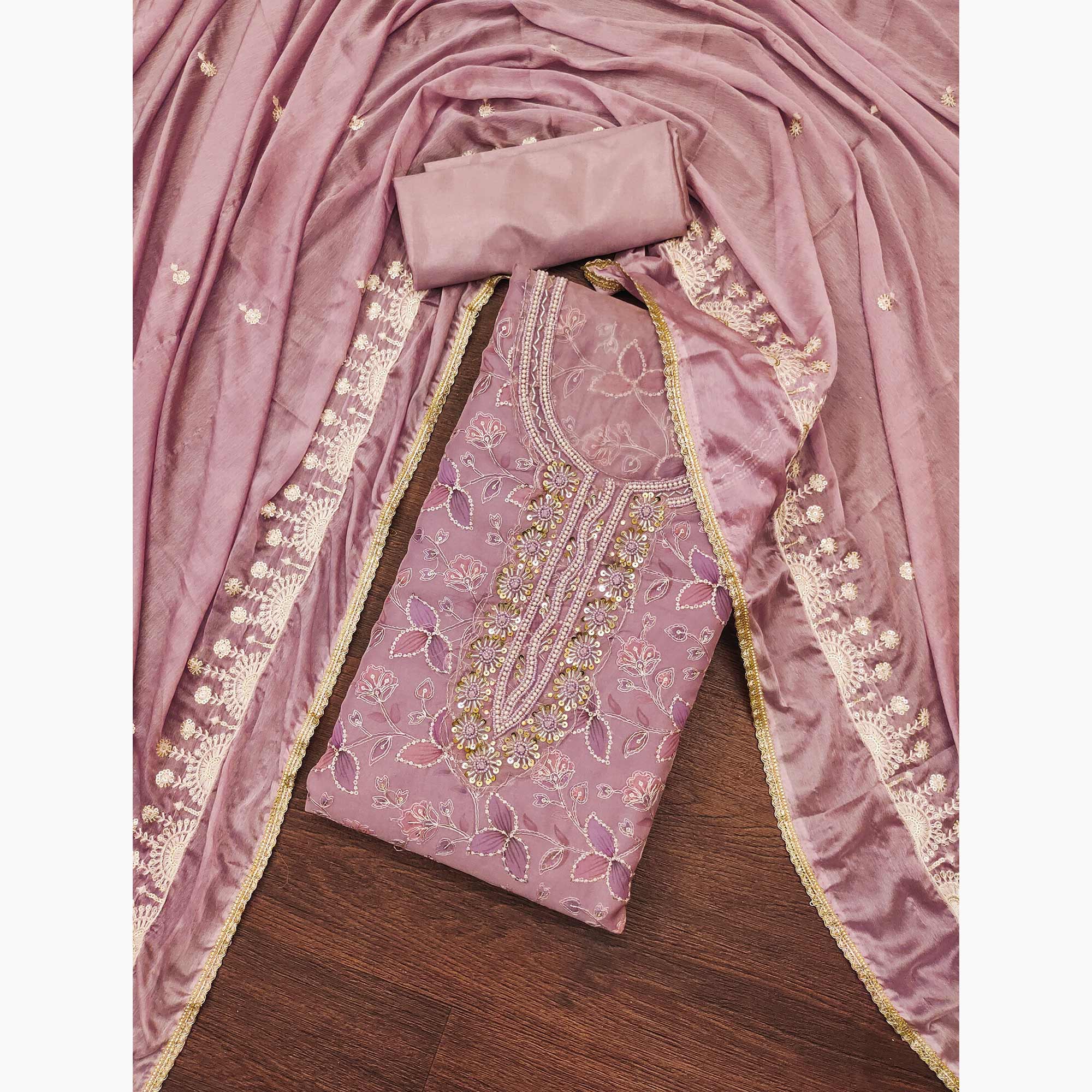 Peachmode Mauve Floral Hand Embroidered Organza Dress Material - view 3