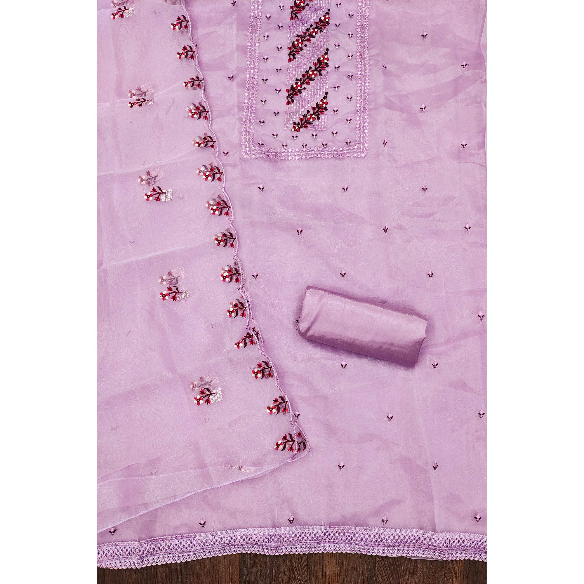 Peachmode Light Lavendar Floral Sequins Embroidered Organza Dress Material - view 4