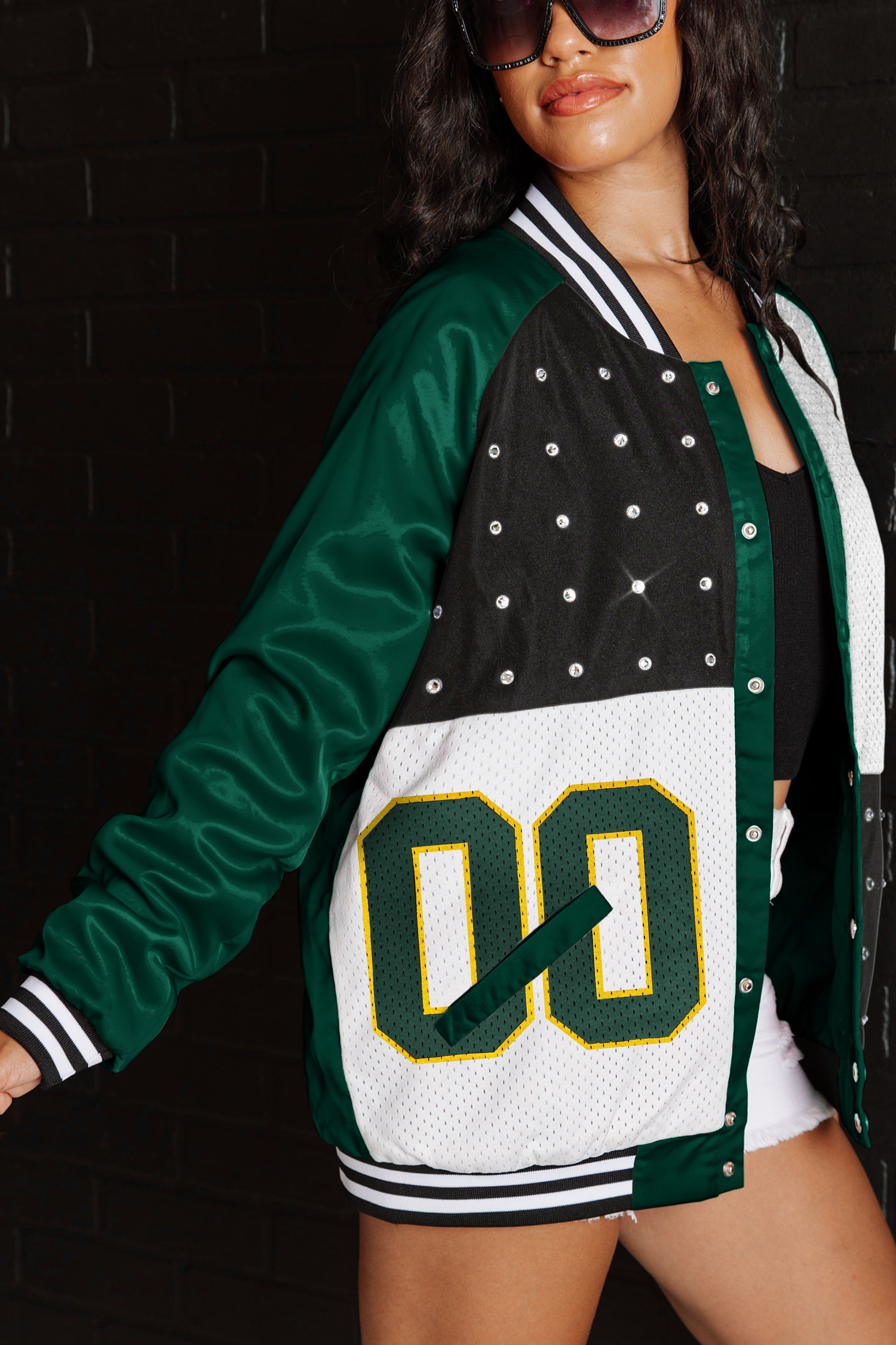 GC X NFL Green Bay Packers Hot Shot Mixed Media Throwback Varsity Bomber Jacket With Rhinestone Inserts - view 5