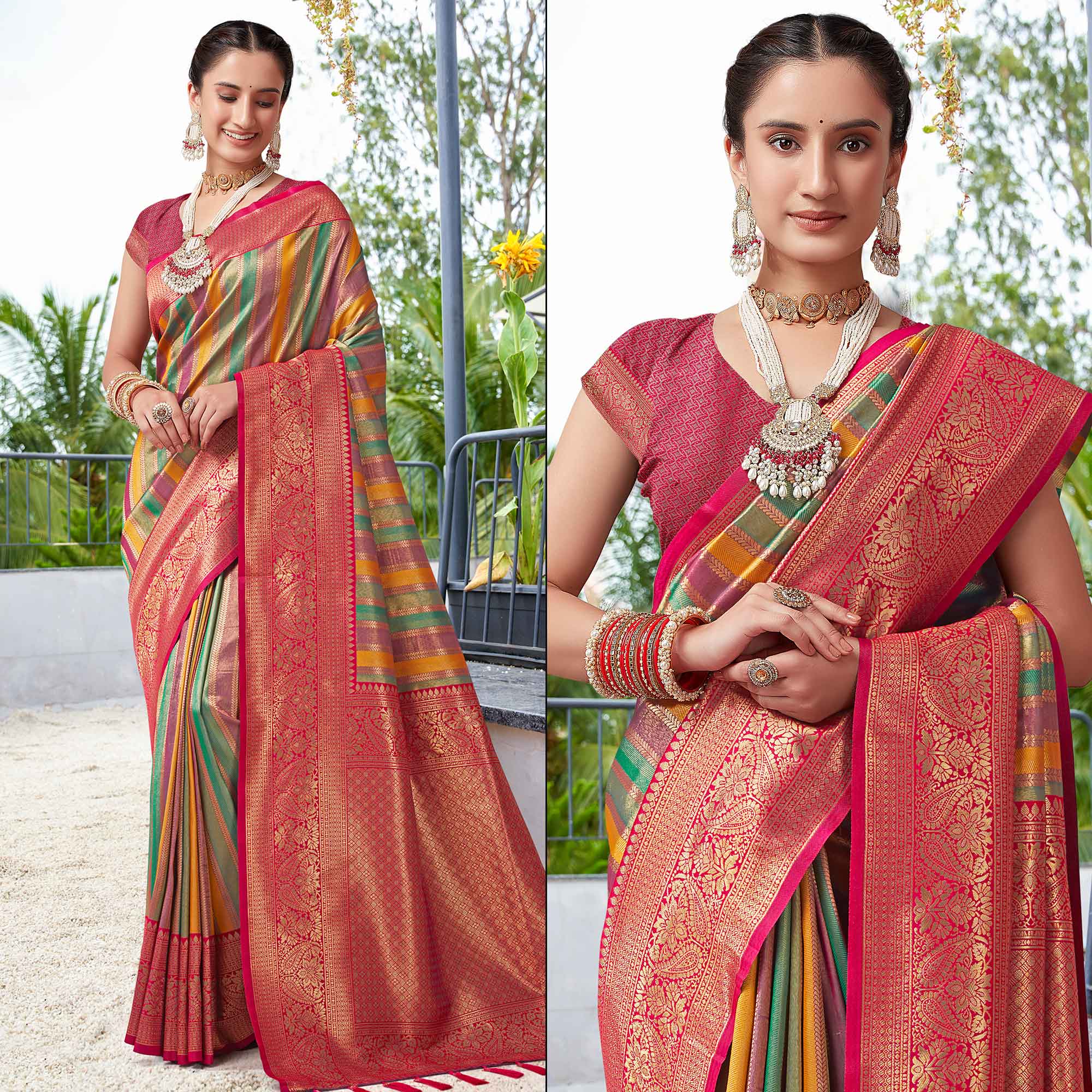 Peachmode Multicolor Floral Woven Kanjivaram Silk Saree
