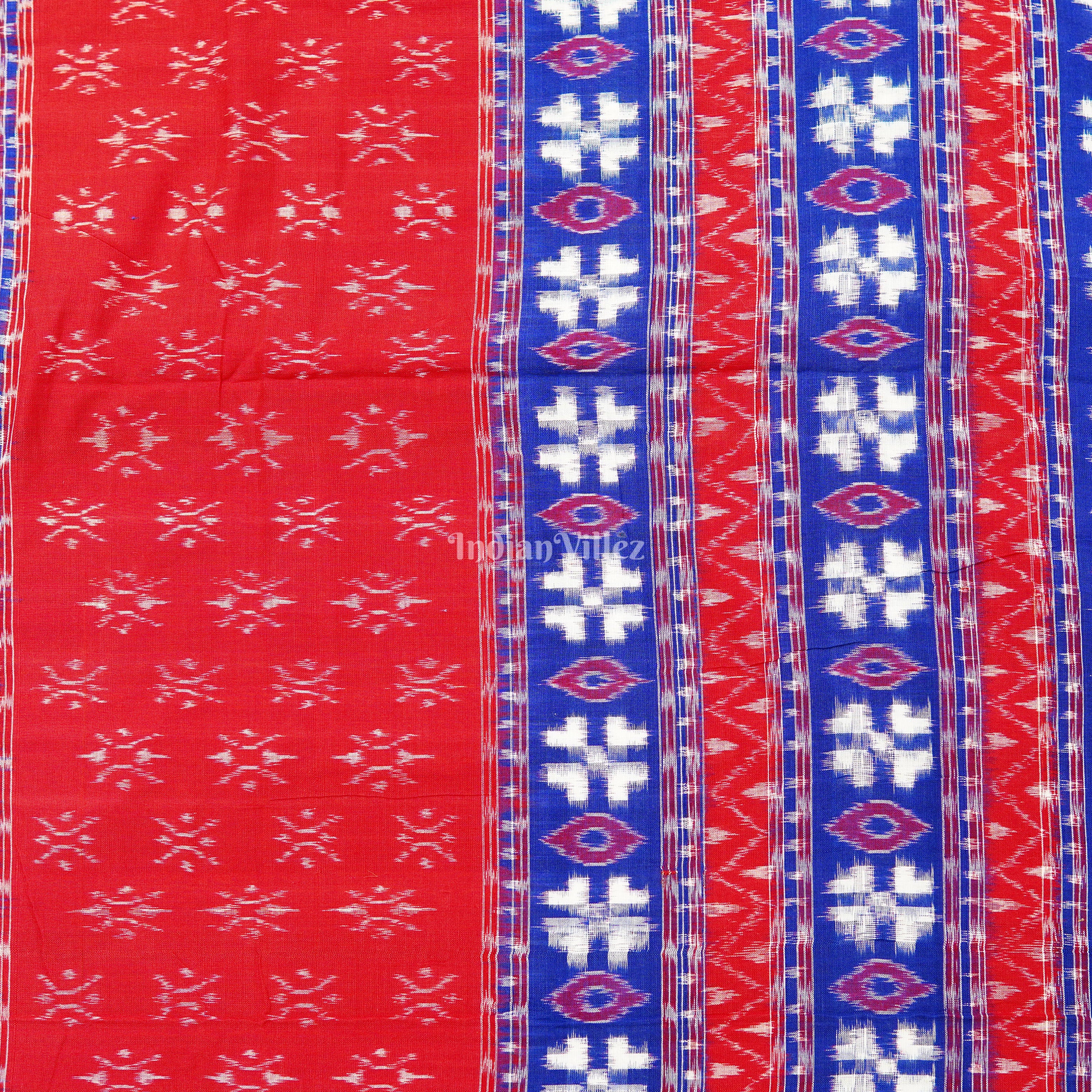IndianVillèz Red With Blue Pasapalli & Devil Eye Design Sambalpuri Cotton Fabric - view 3