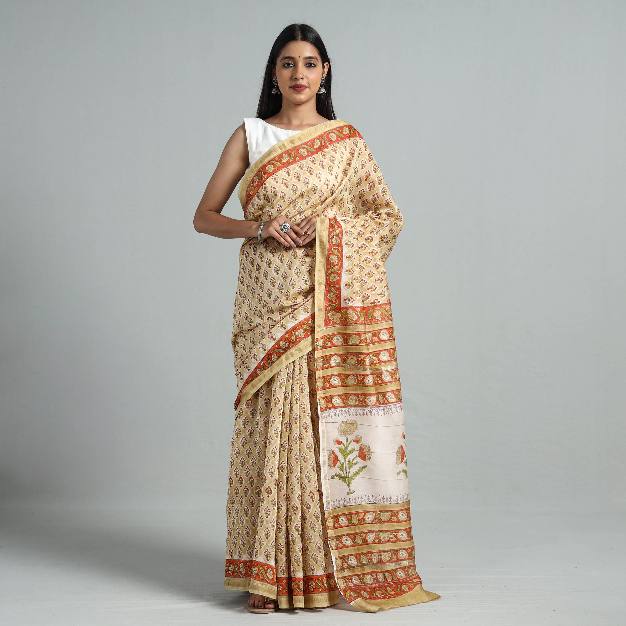 ARTISAN HAND BLOCK PRINTS Beige - Block Printed Chanderi Silk Sanganeri Saree