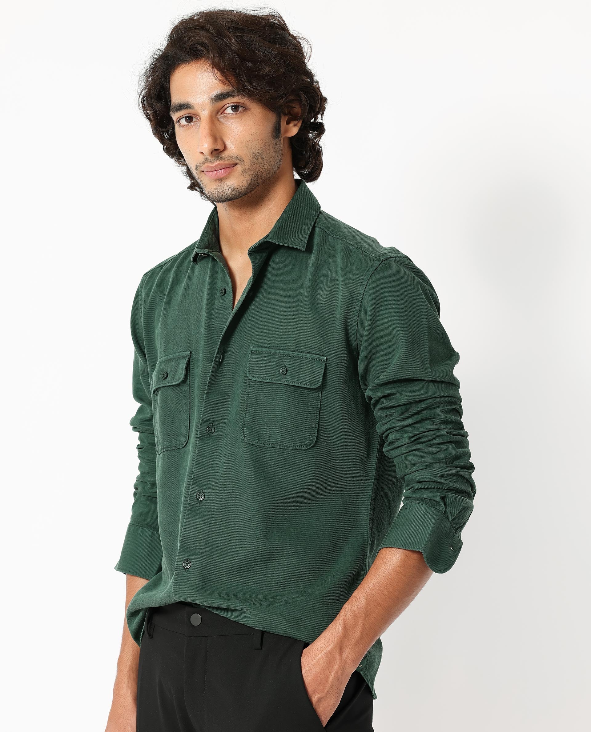 Rare Rabbit Men's Lyton Dark Green Cotton Fabric Full Sleeves Solid Twill Shirt - view 5