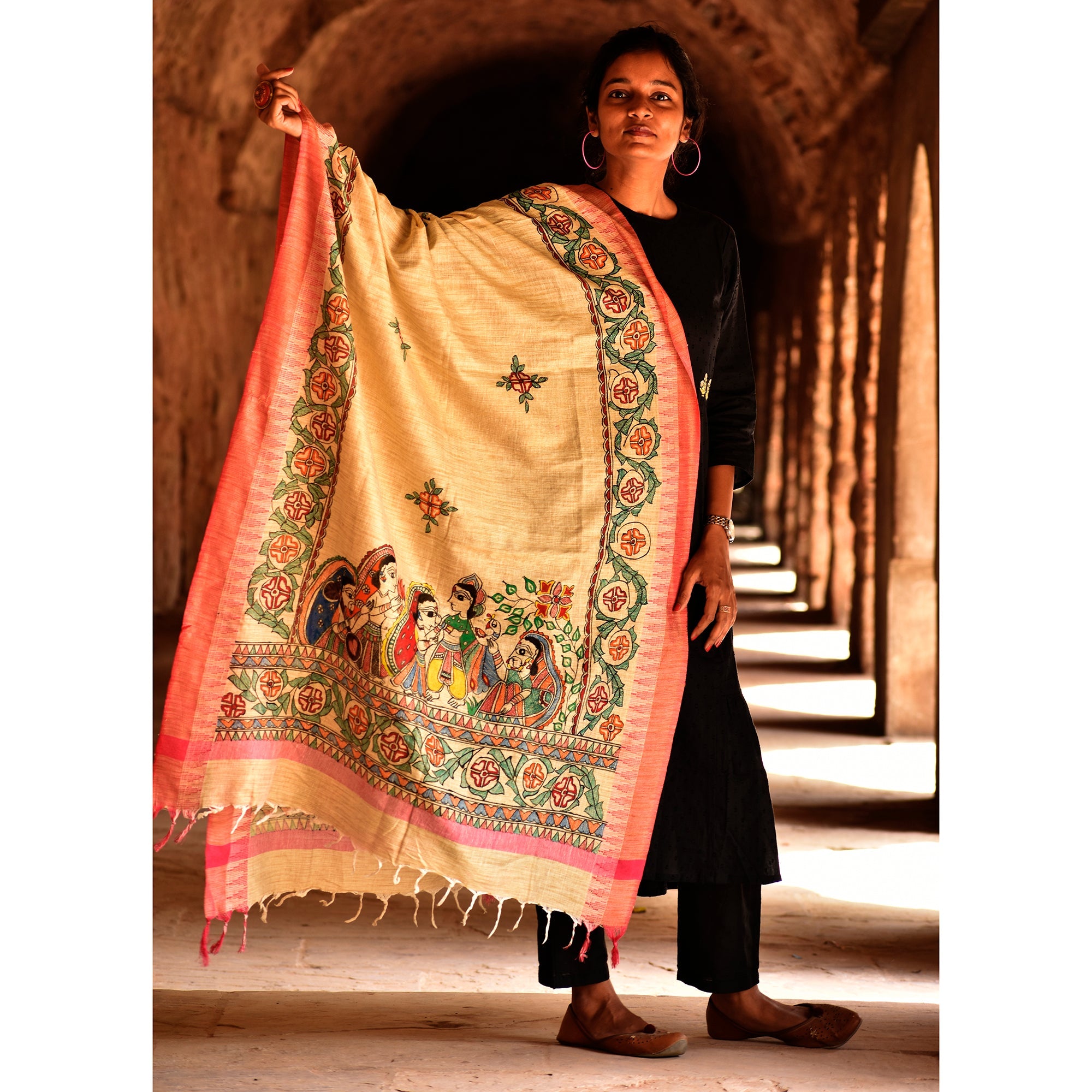 DIORAMA DESIGNS Beige - Madhubani Cotton Ram Sita Vivah Handpainted Dupatta