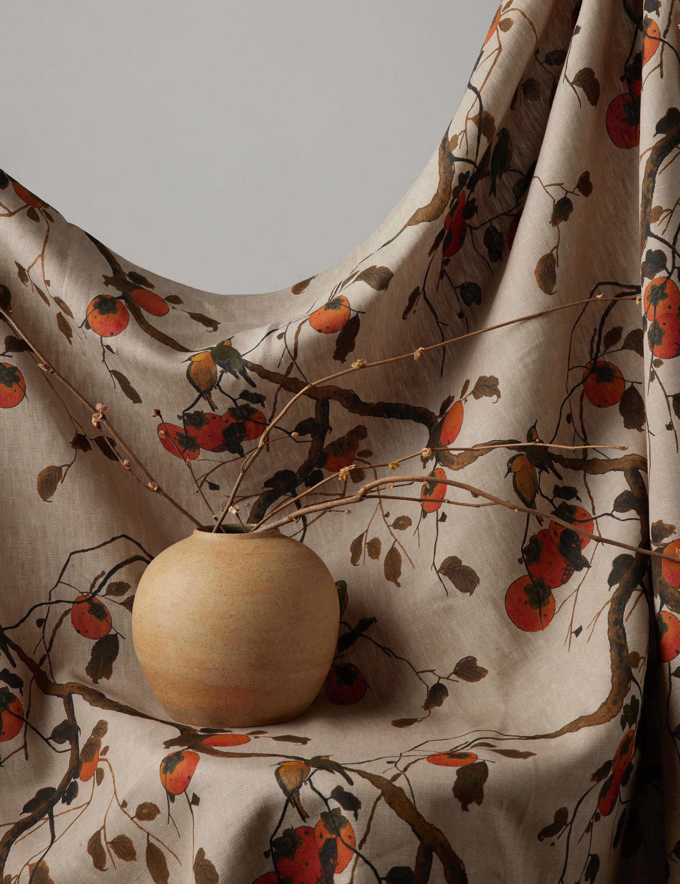 Lulu and Georgia Persimmon Birds Flax Linen Fabric by Nathan Turner - view 2