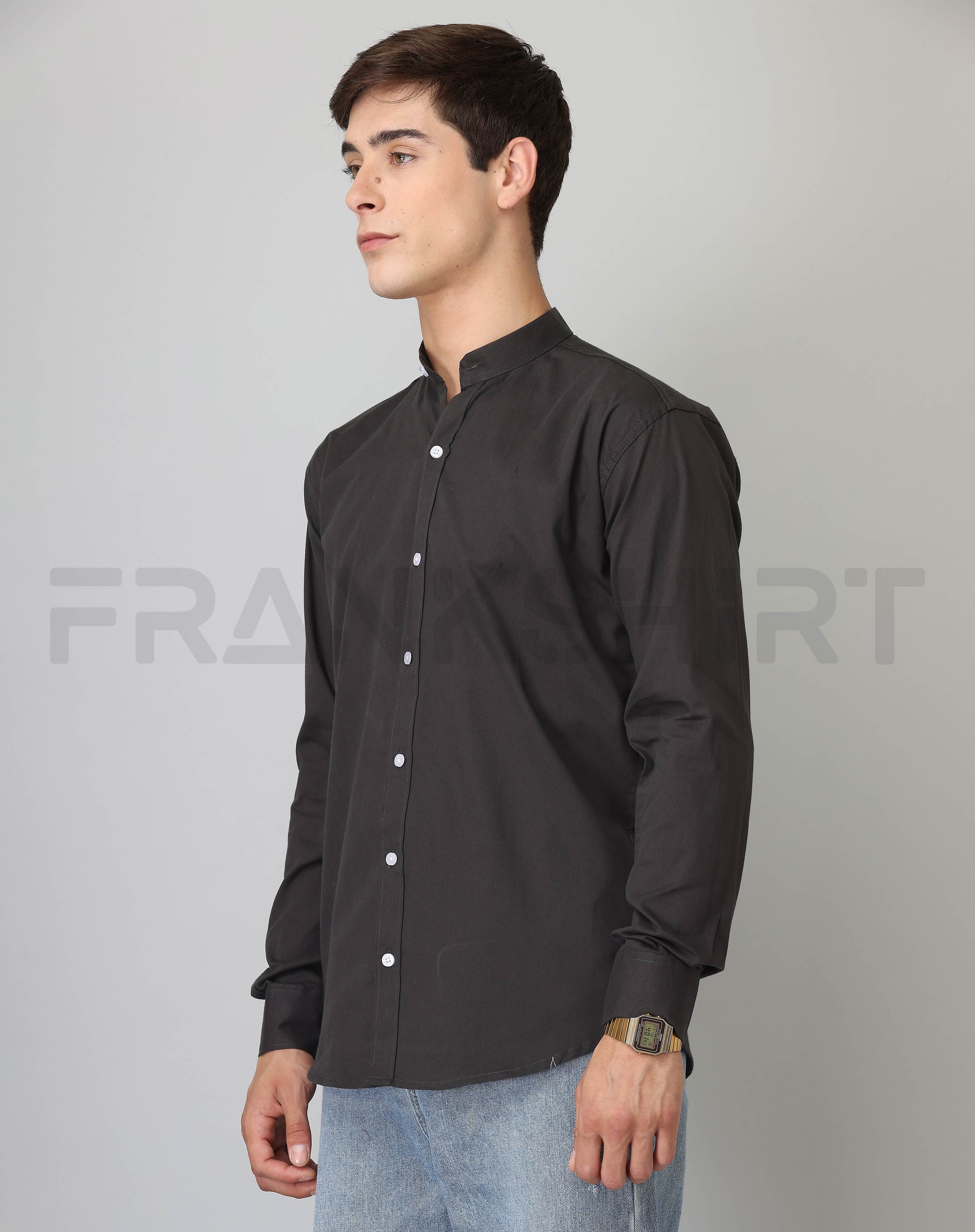 BlackTree Frankshirt Chinese Collar Black Solid Tailored Fit Cotton Casual Shirt for Man - view 2