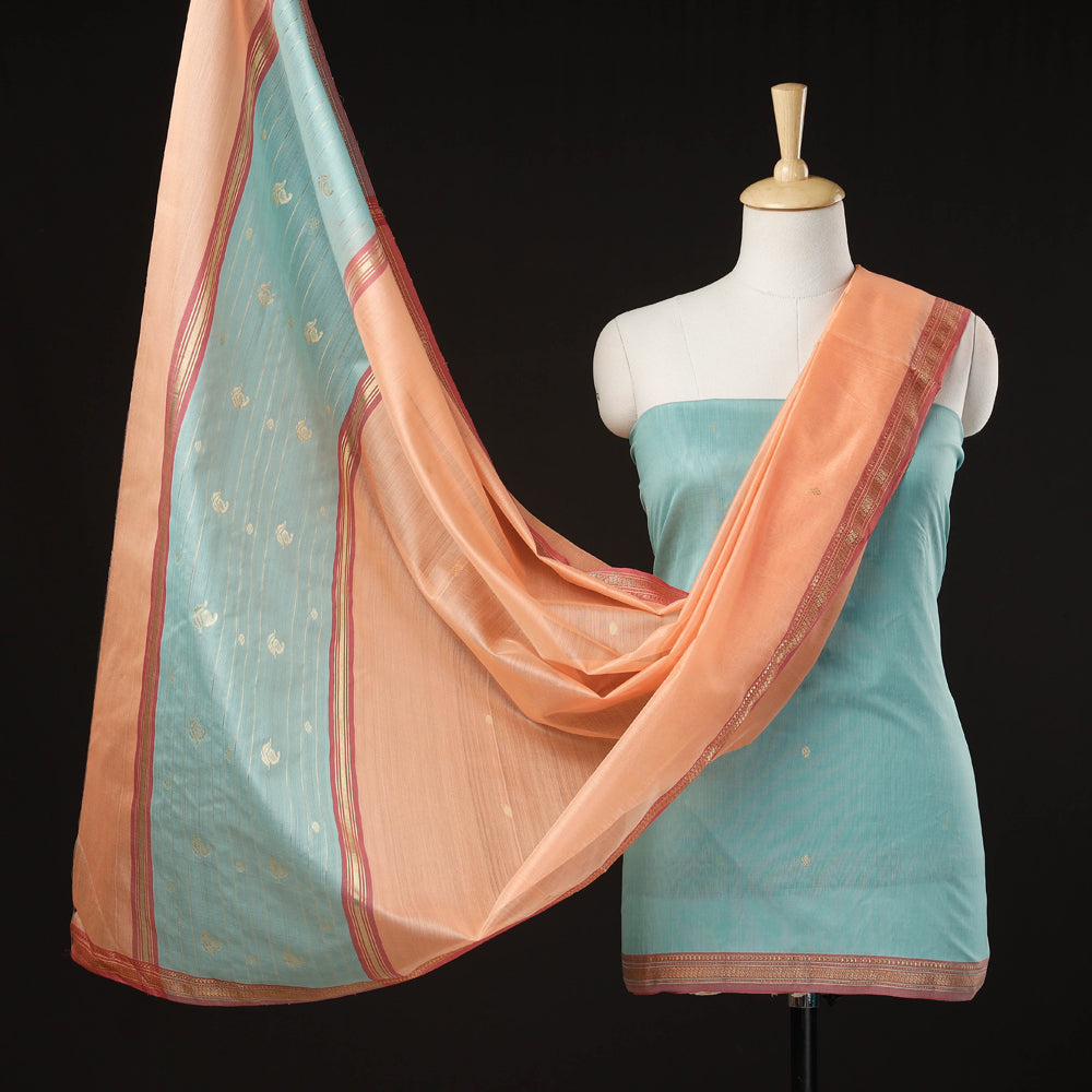 ITOKRI CRAFTS INITIATIVE Blue - 3pc Chanderi Silk Handloom Zari Buti Suit Material Set with Nakshi Zari Border