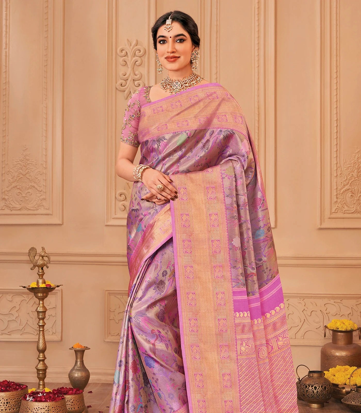 RmKV Silks Lavender Handloom Kanchipuram Silk Saree With Meena Bird Zari Motifs - view 2