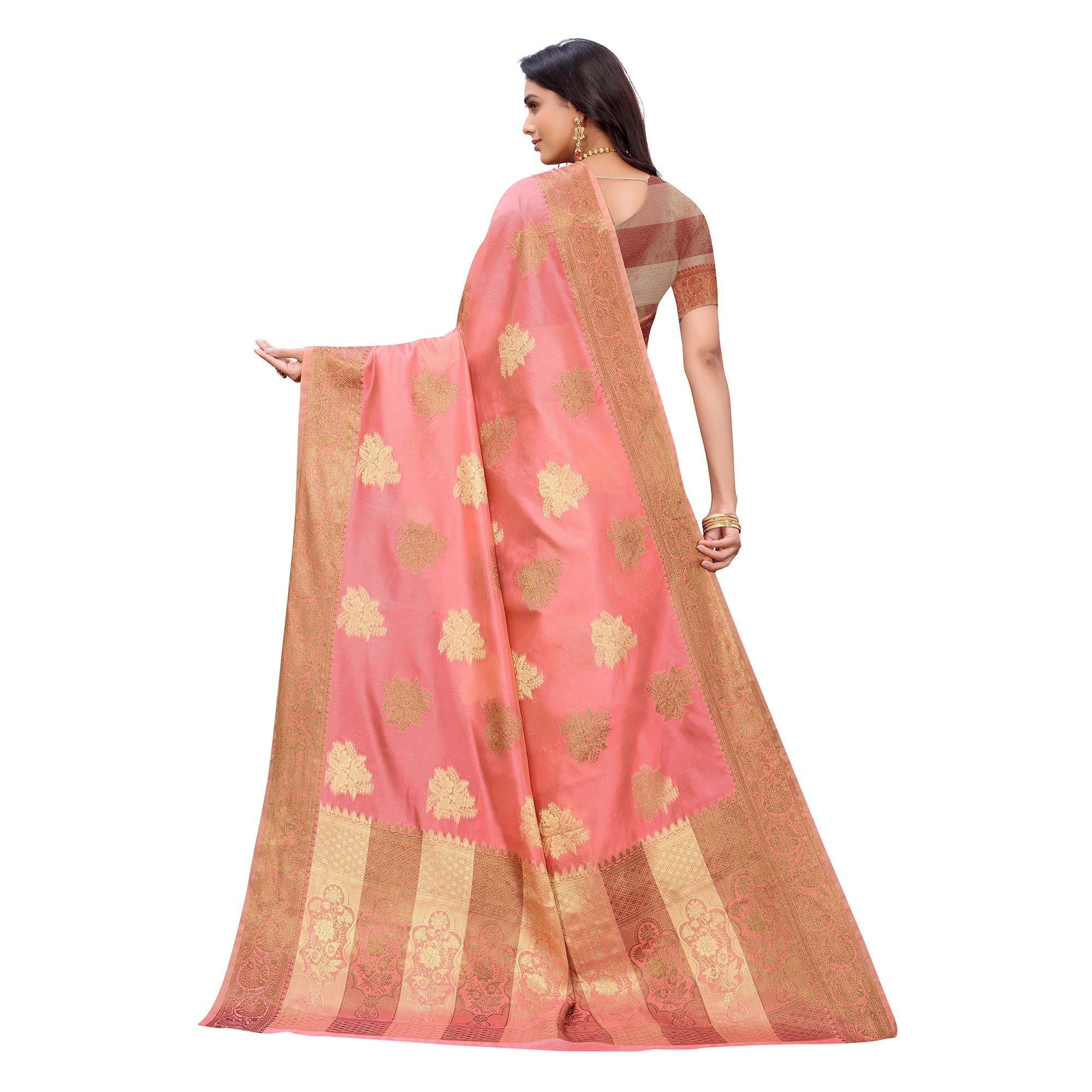 Peachmode Gajari Pink Festive Wear Floral Woven Silk Saree - view 5