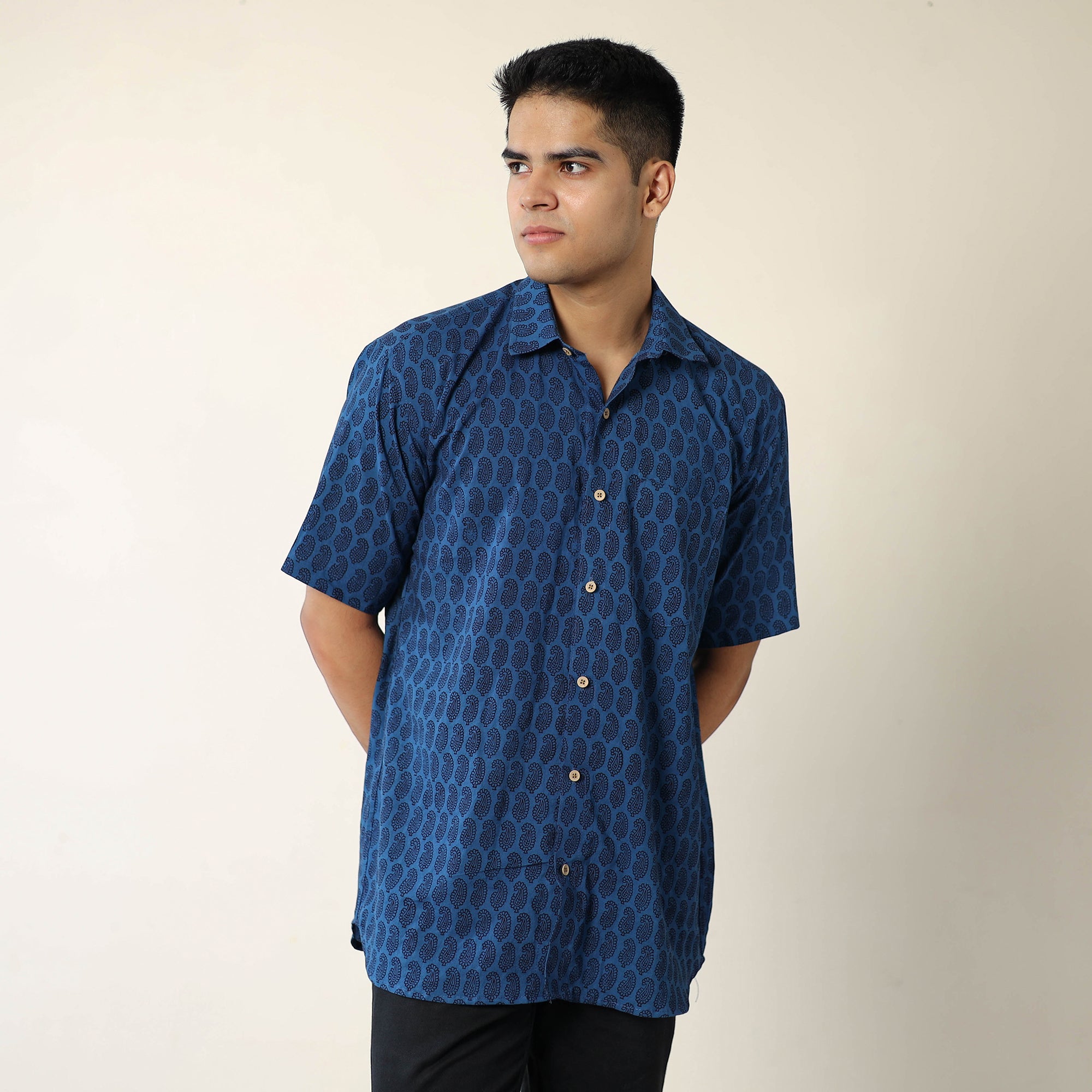 ITOKRI CASUALS Blue - Bagh Hand Block Printed Cotton Men Half Sleeve Shirt 02 - view 2