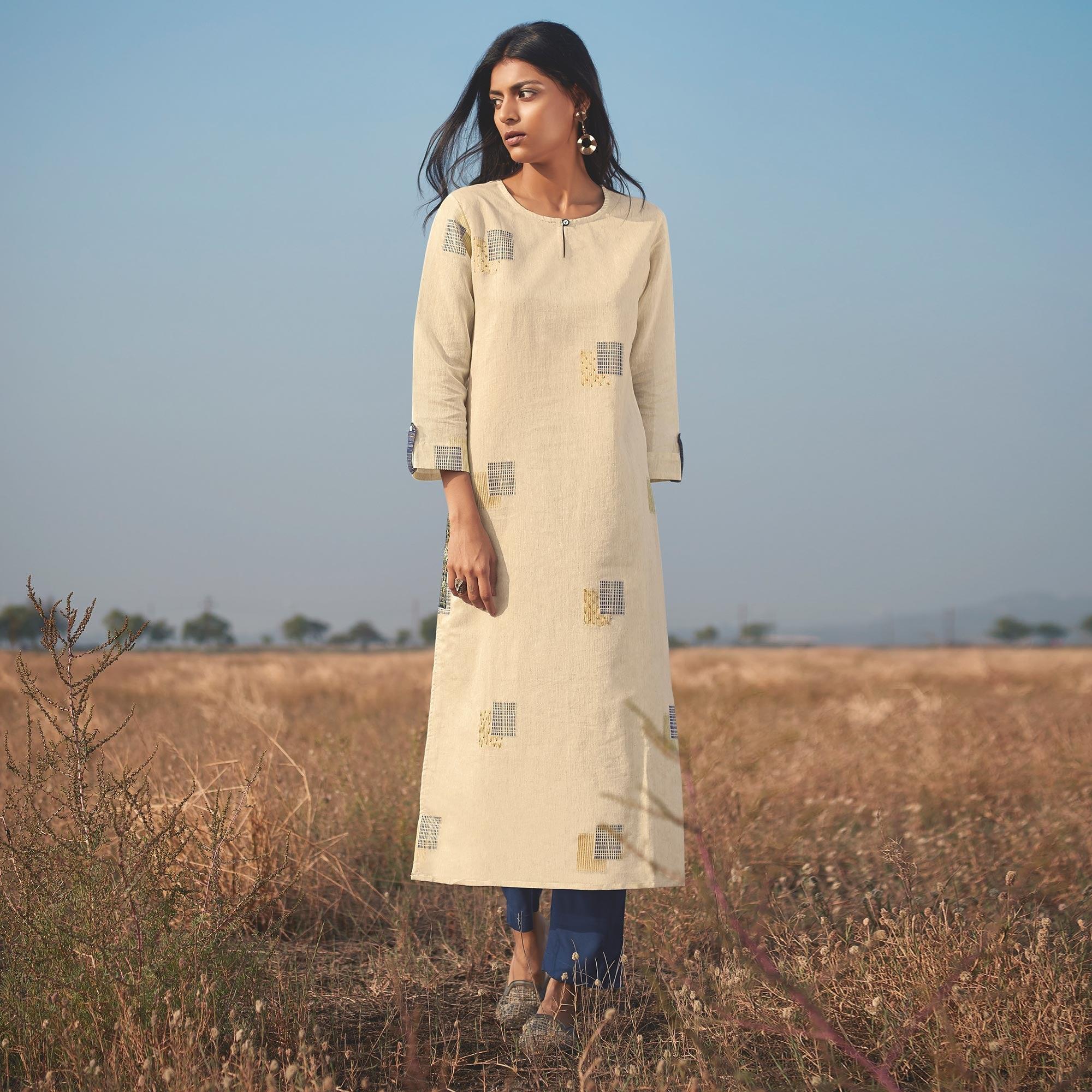 Peachmode Seller Fantastic Beige Colored Party Wear Handwork Handloom Cotton Kurti-Pant Set