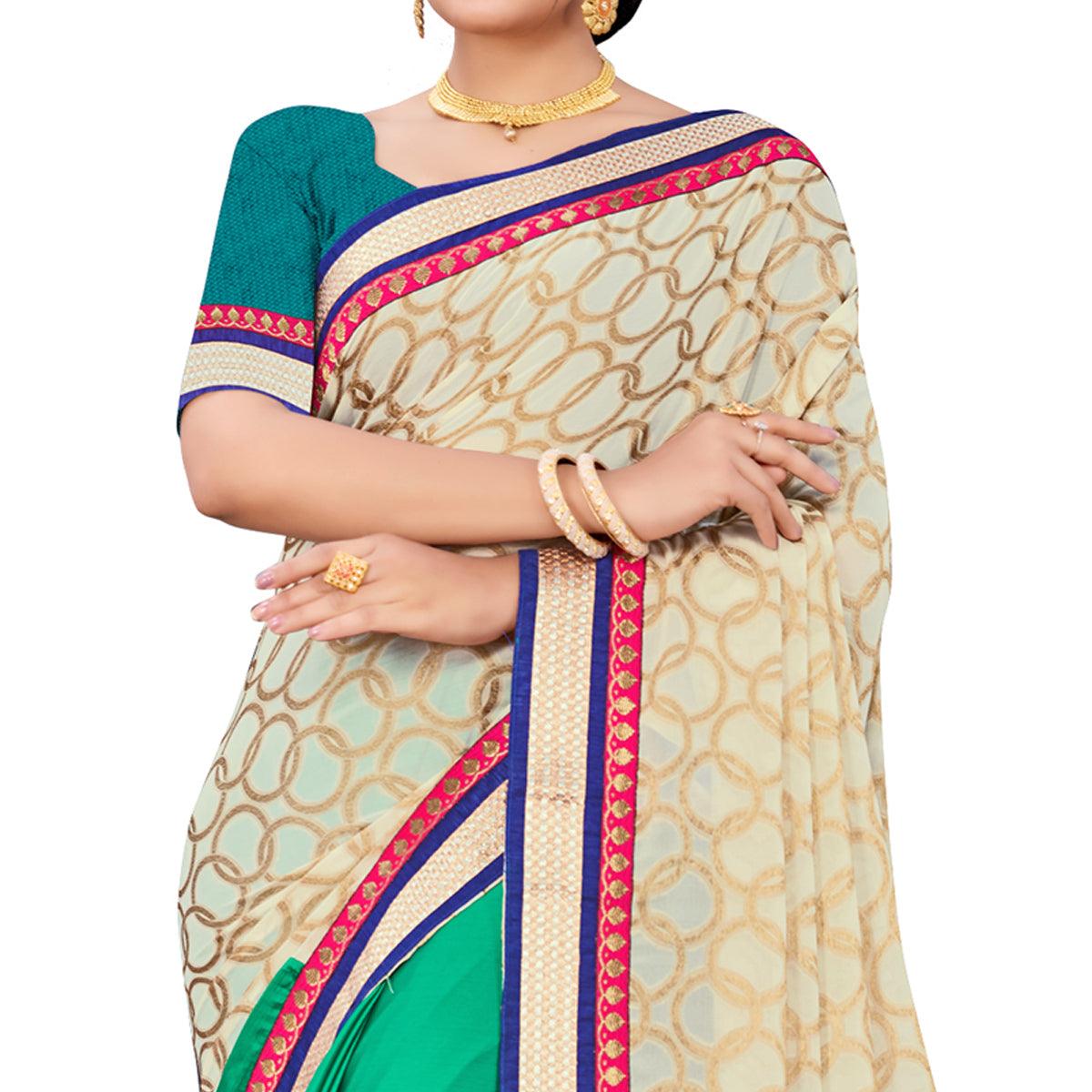 Peachmode Groovy Green-Cream Colored party Wear Georgette Half-Half Saree - view 2