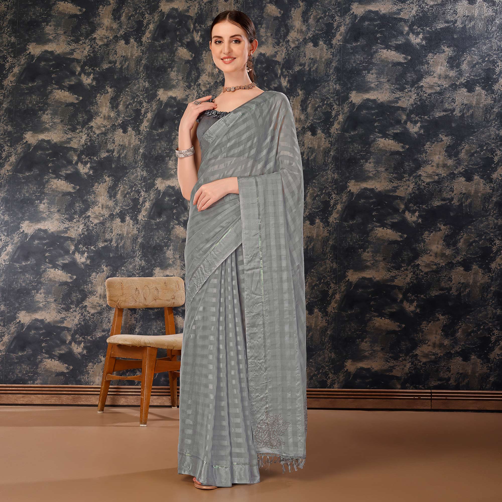 Peachmode Grey Swarovski Work Chiffon Saree With Tassels - view 2