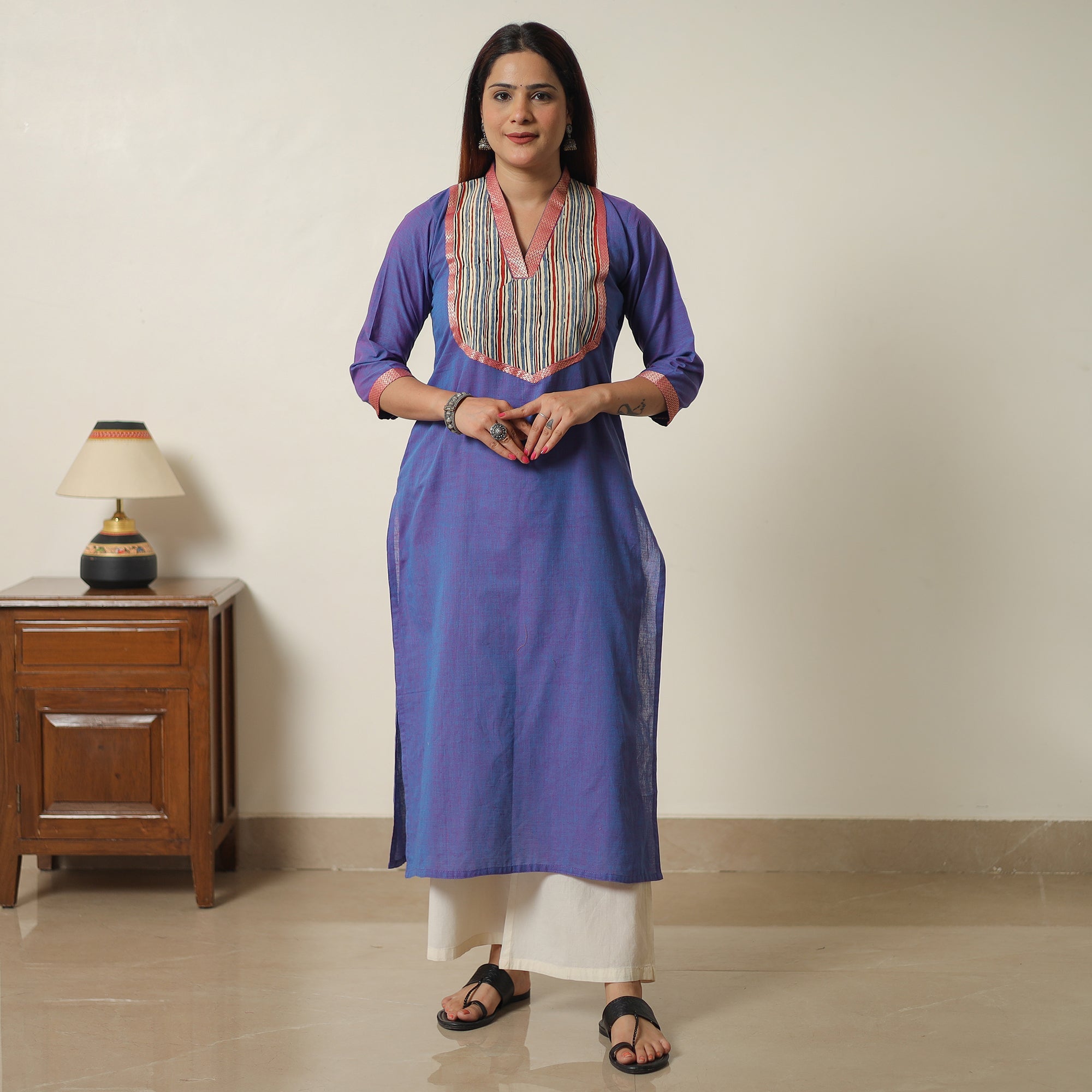 ITOKRI CASUALS Blue - Dharwad Cotton Straight Kurta with Ajrakh Patchwork 17 - view 3