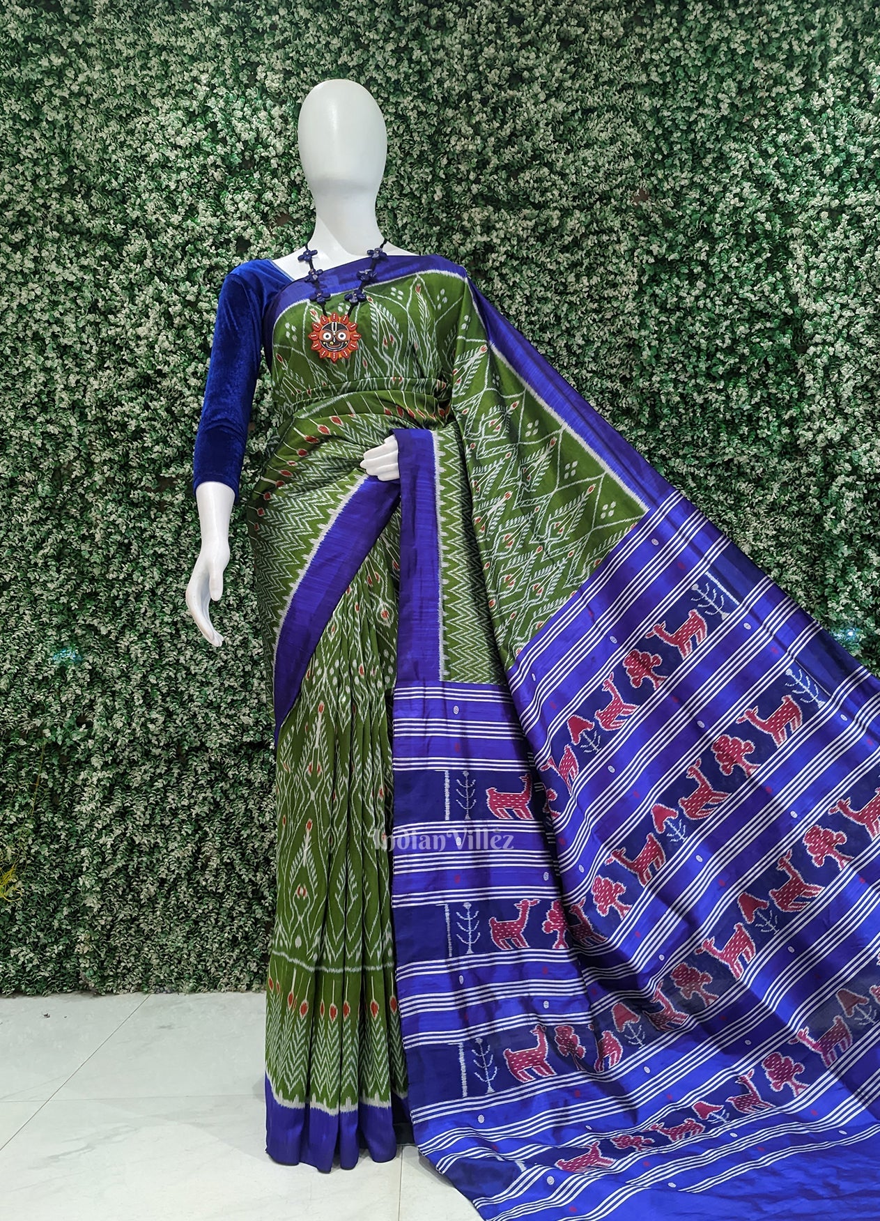 IndianVillèz Green Blue Cambodian Inspired Designer Contemporary Silk Saree