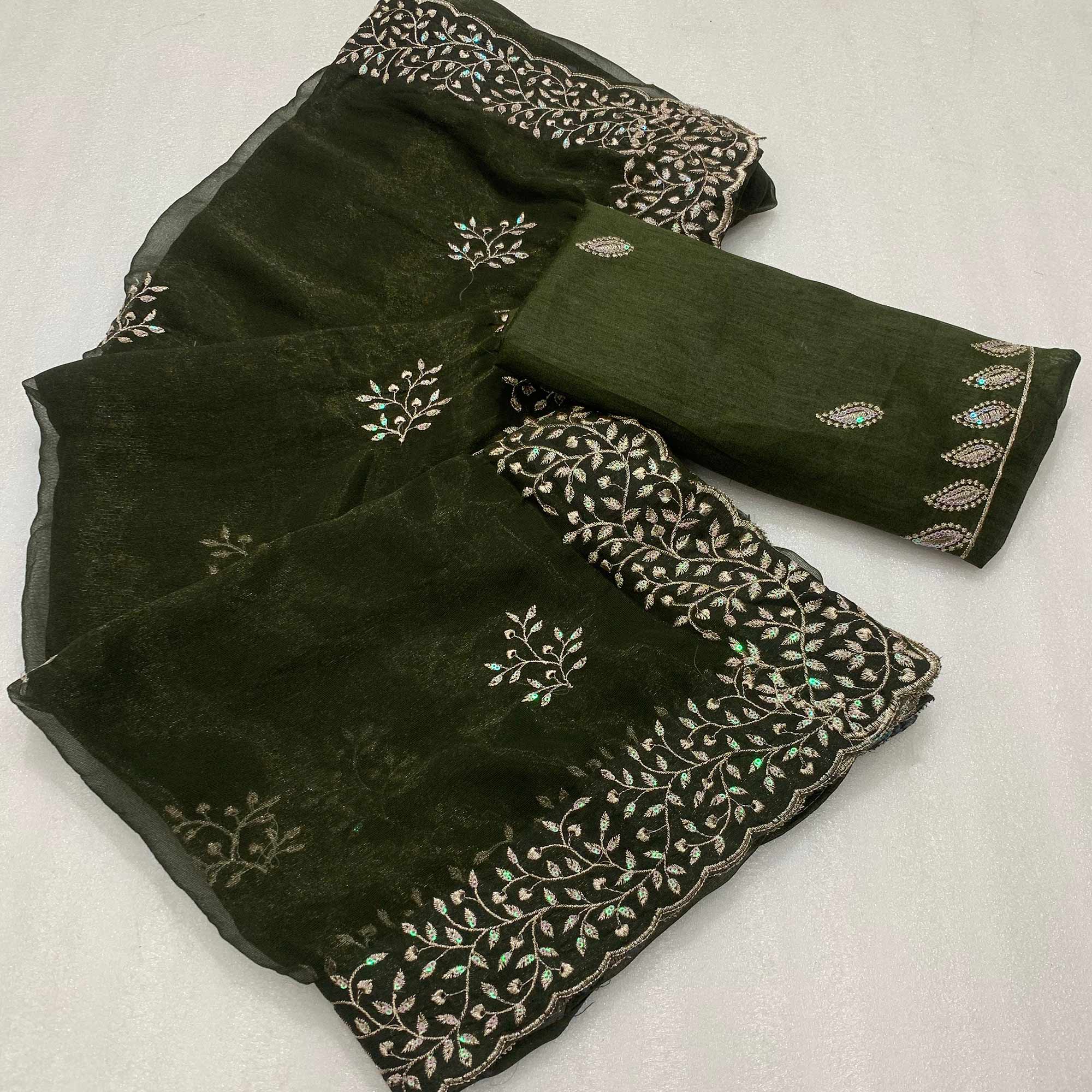 Peachmode Mehendi Green Sequins Embroidered Shimmer Silk Saree