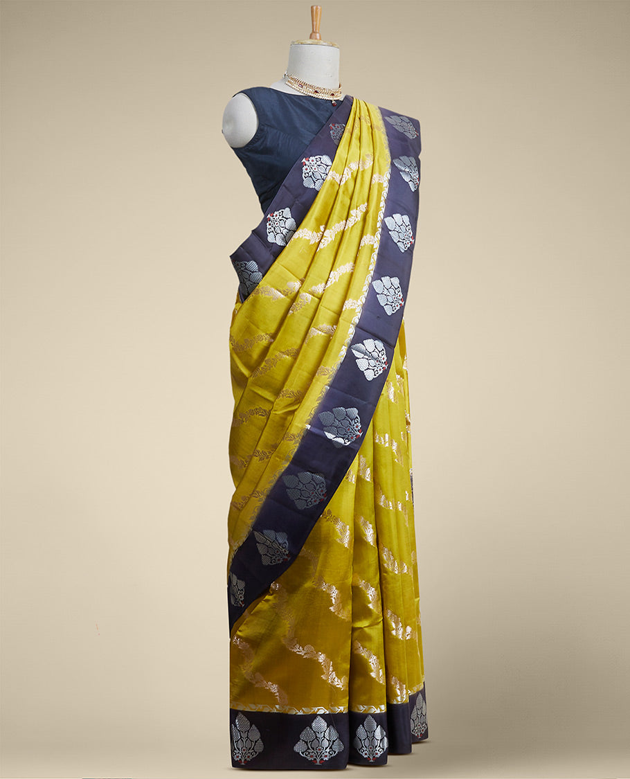 Pothys Yellow floral vine design dupio silk saree with contrast floral motifd border - view 2