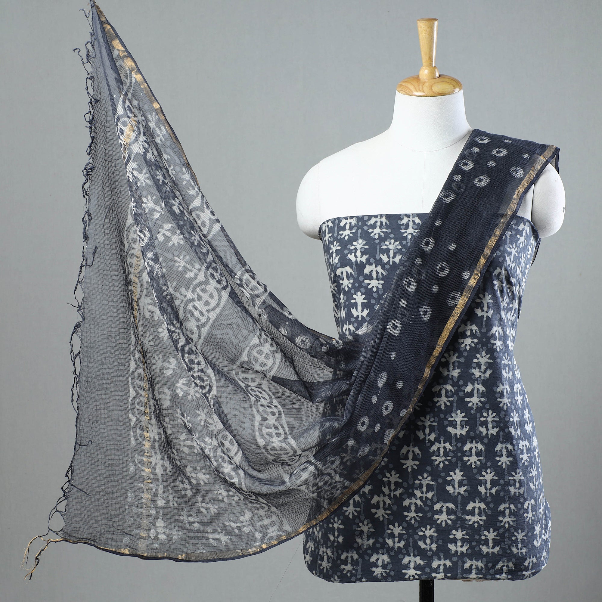 KUSUMLATA 3pc Sanganeri Block Printed Cotton Suit Material with Kota Doria Dupatta 04