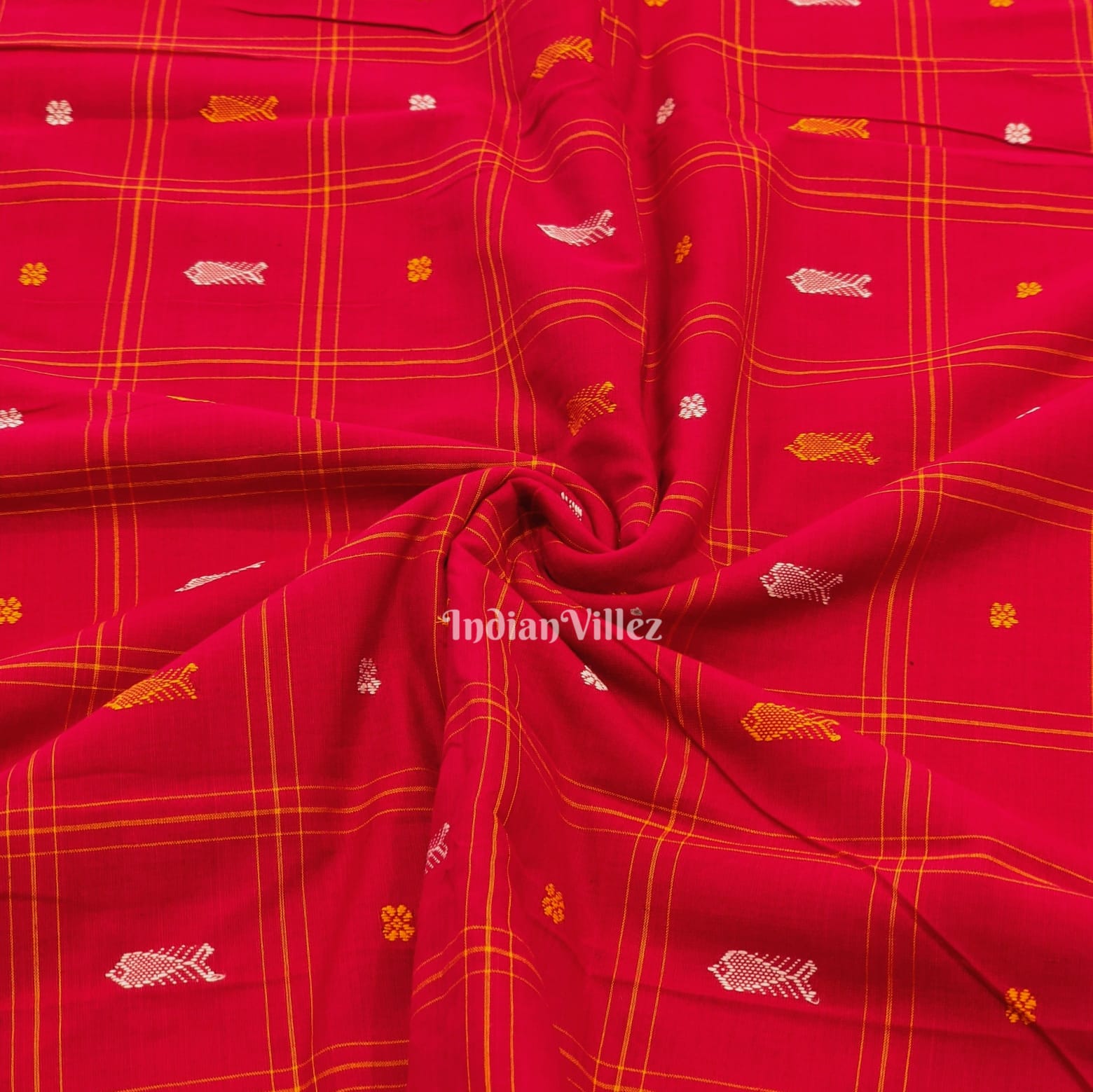 IndianVillèz Red Fish & Flower Motif Odisha Ikat Bomkai Cotton Fabric