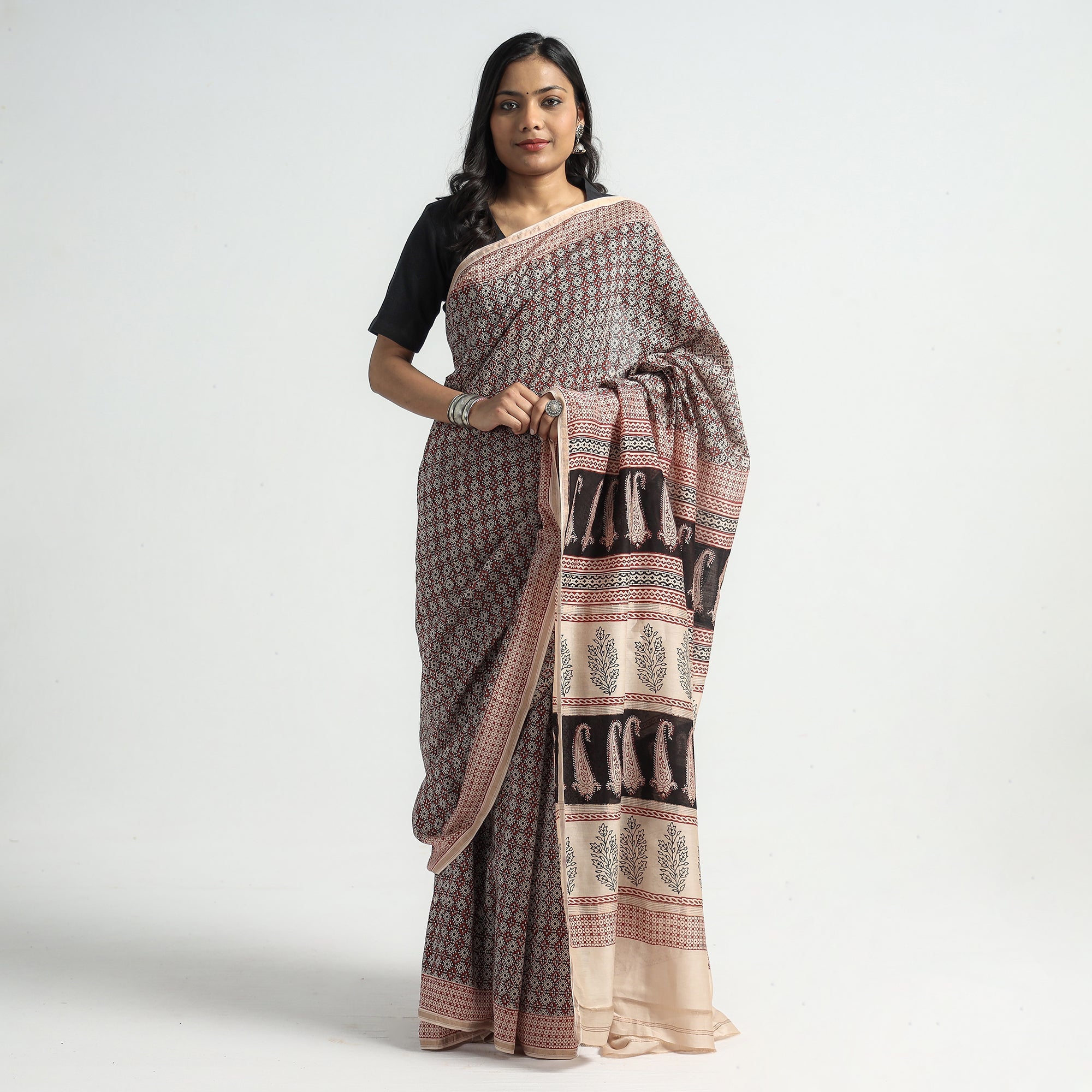 BAGH PRINTS BY UMAR FARUK KHATRI Black - Bagh Hand Block Printed Natural Dyed Chanderi Silk Saree