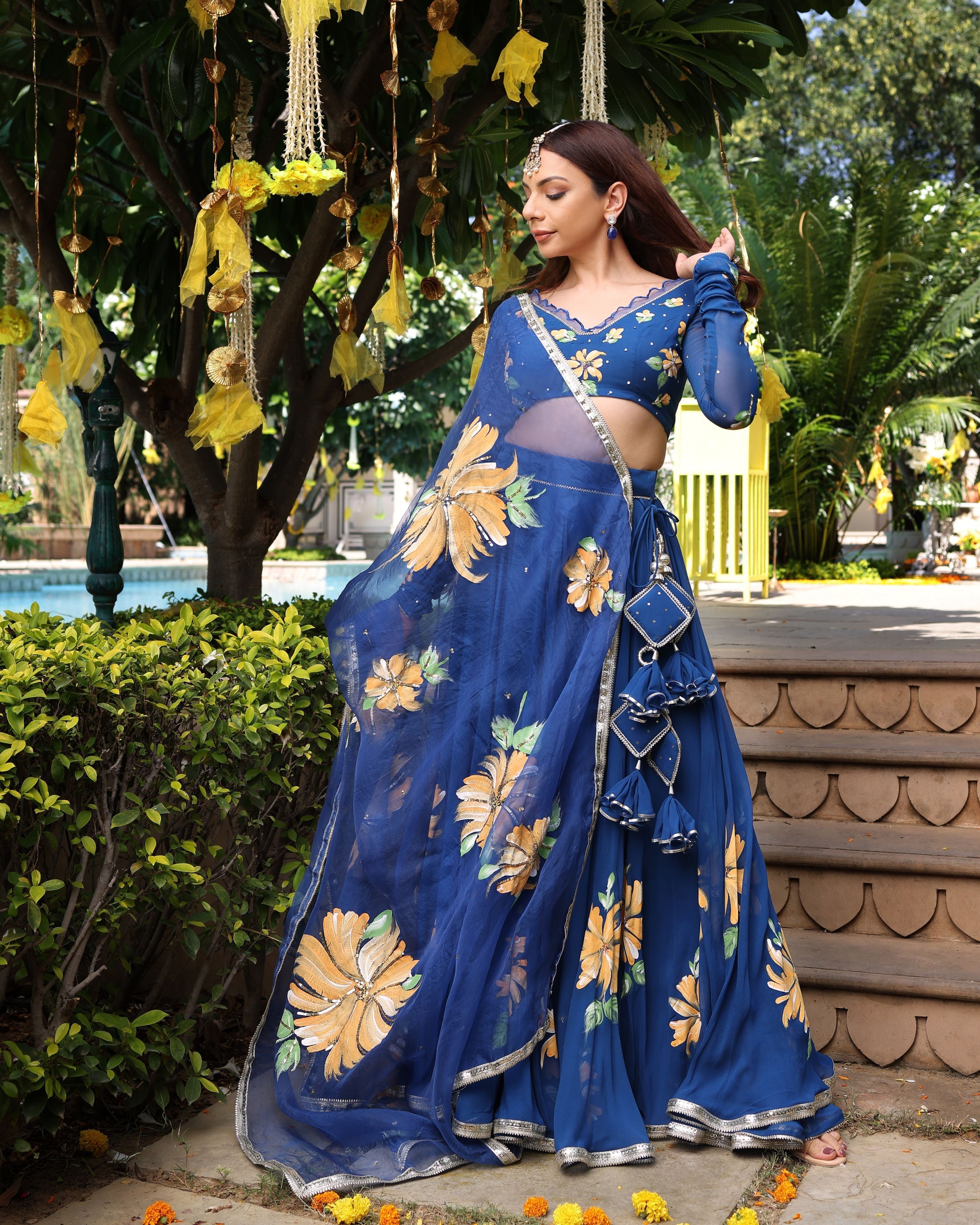 Aachho Madison Blue Handpainted Georgette Lehenga Set - view 9