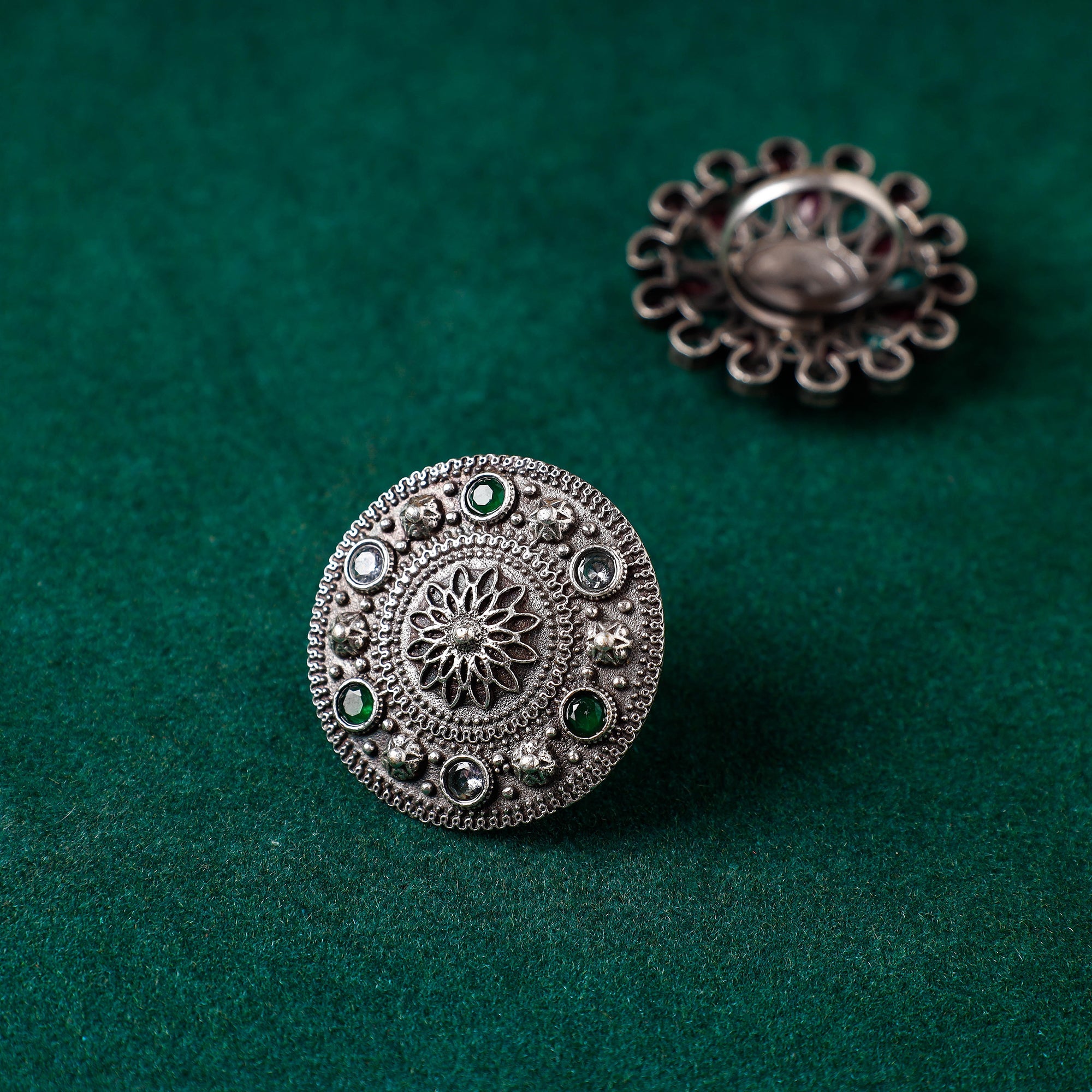 WHITE RIVER STORIES Antique Silver Finish Oxidised Brass Base Stone Work Ring (Adjustable)