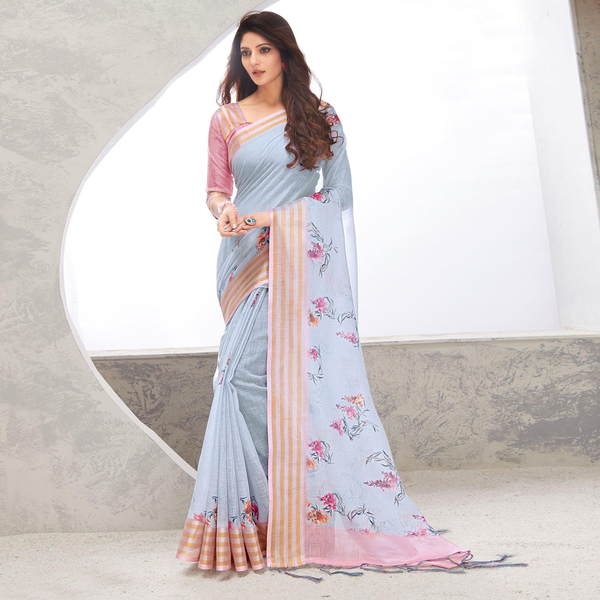 Peachmode Light Blue Casual Wear Digital Printed Pure Linen Saree