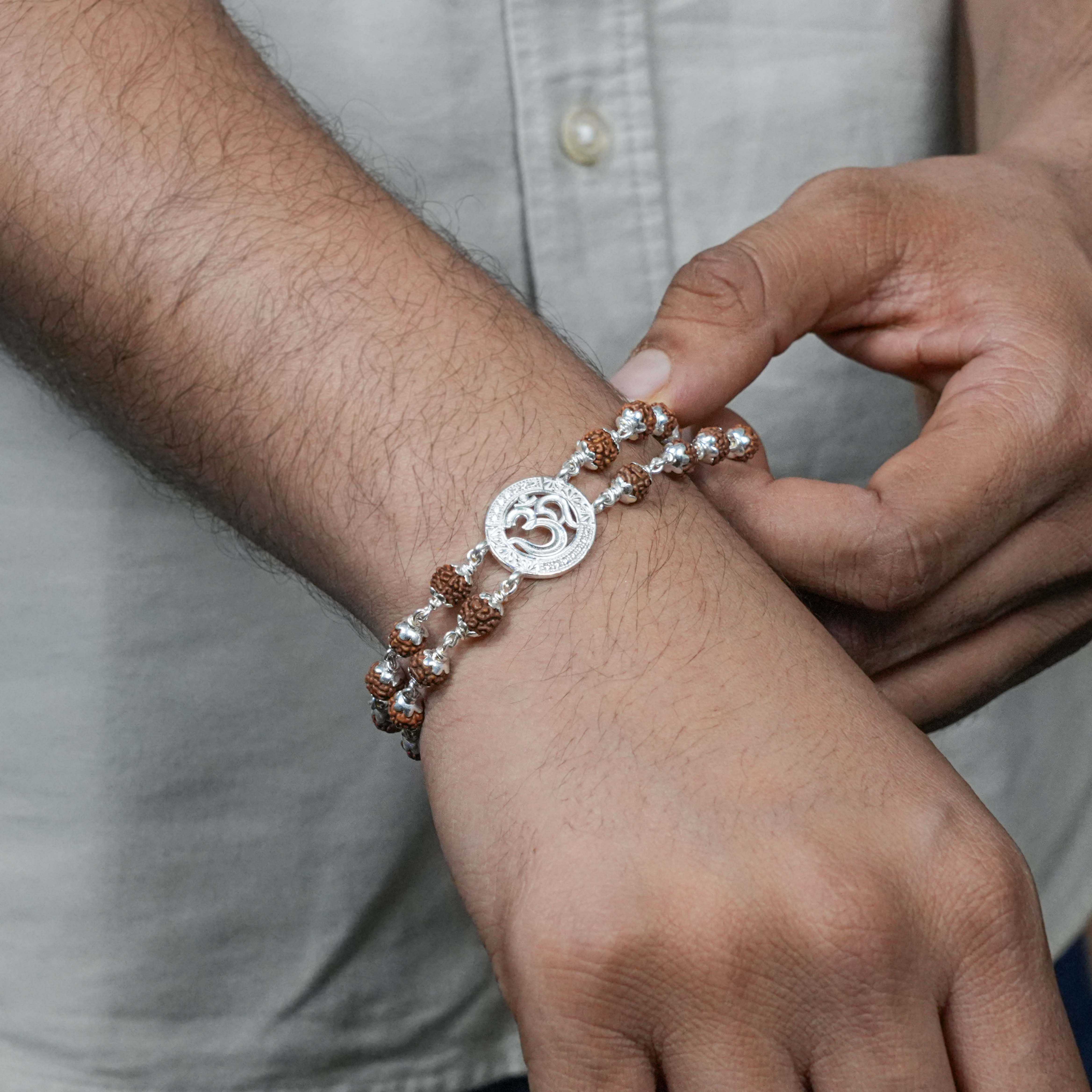 Prinjal Jewellers Rudraksha Silver Om Middle Double Line Bracelet - view 3
