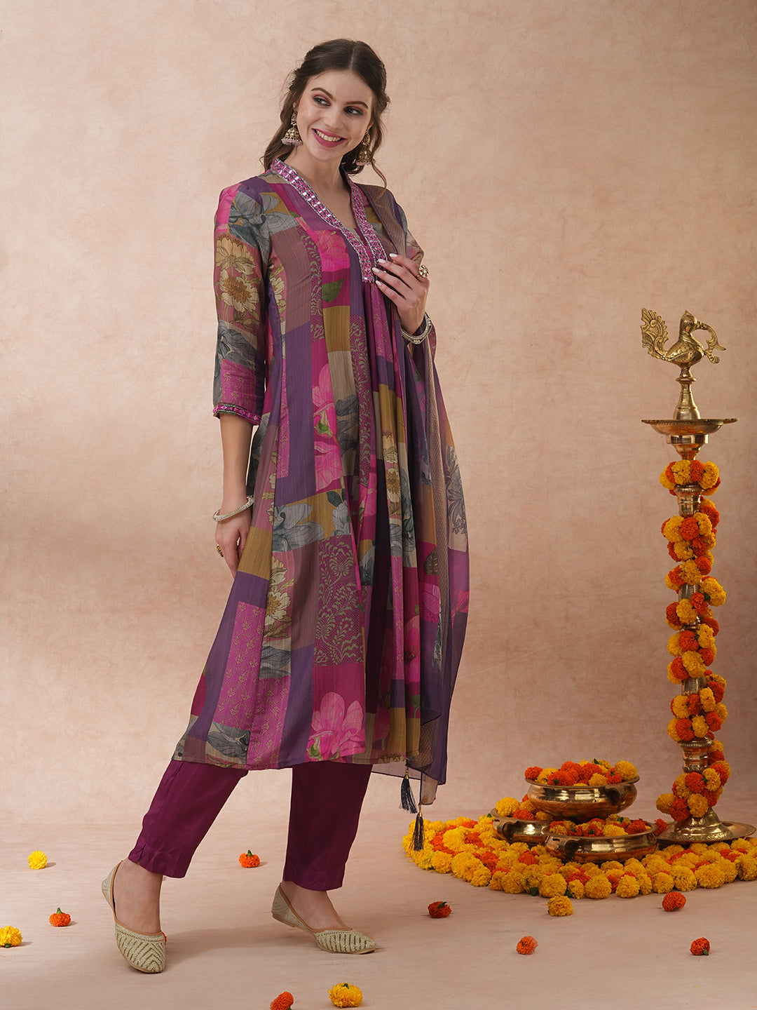 FASHOR Abstract Floral Printed & Embroidered A-Line Kurta with Pant & Dupatta - Purple