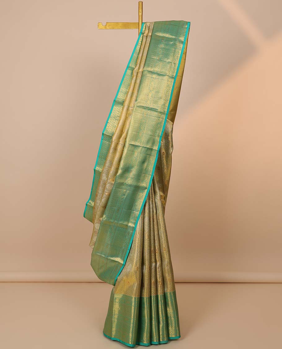 Pothys Gold jacquard Kanchipuram tissue silk saree, contrast jaal pallu & border of thilakam,kathir & intricate designs