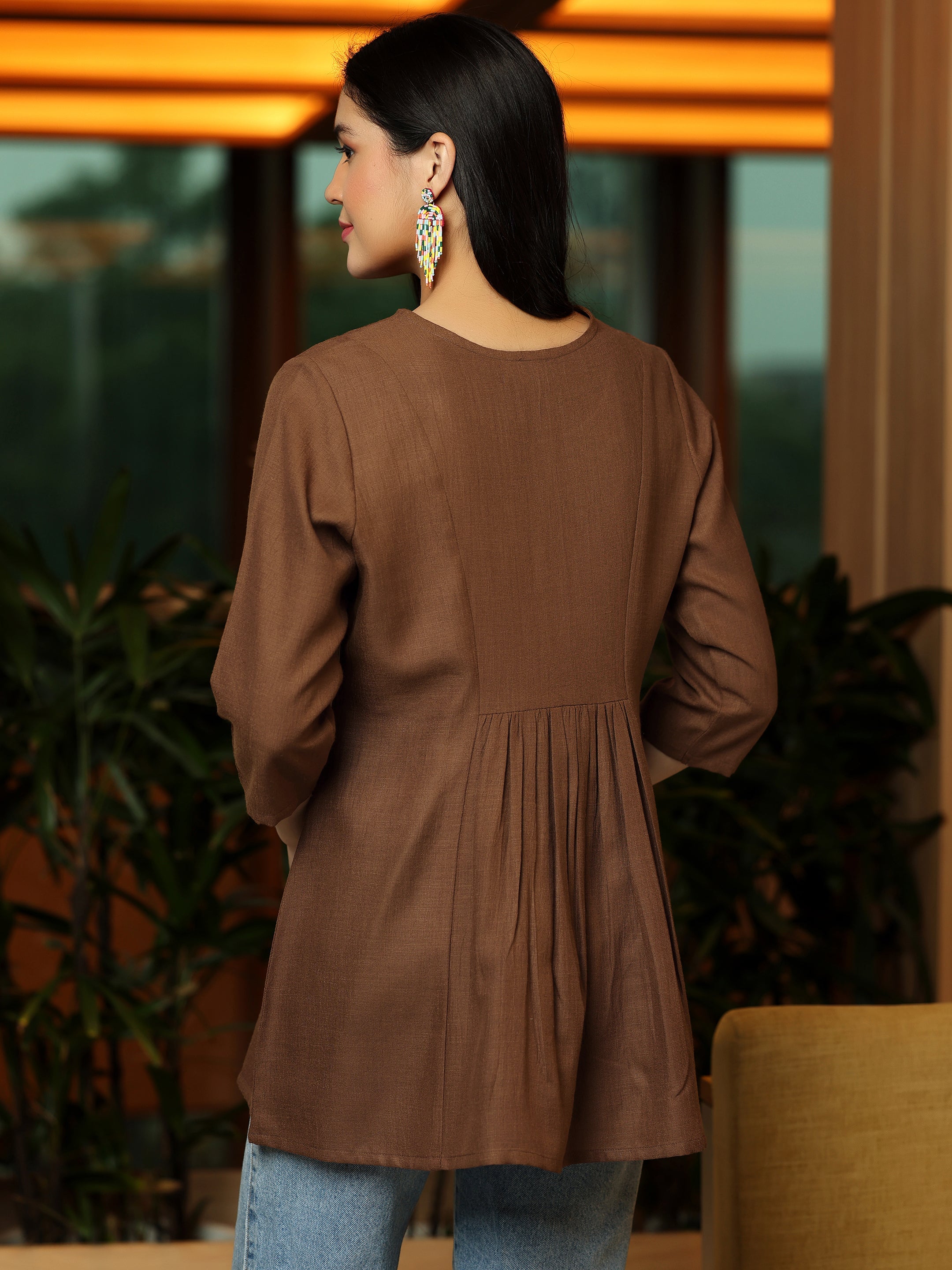 Libas Brown Yoke Design Cotton Blend A-Line Kurti - view 3