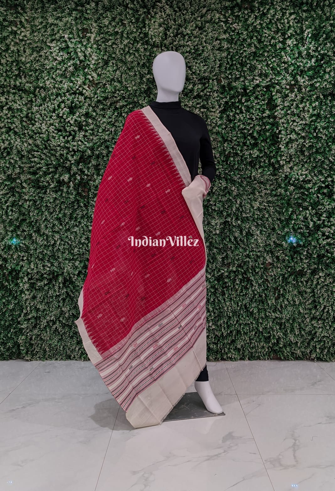 IndianVillèz Red Fish Motif Odisha Ikat Sambalpuri Cotton Dupatta