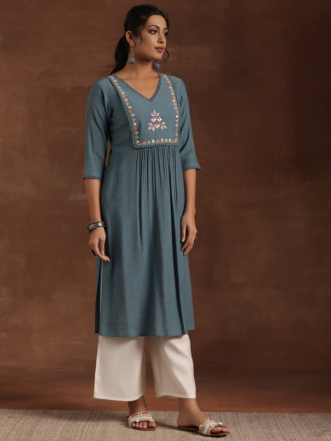Libas Blue Yoke Design Cotton Straight Kurta - view 2