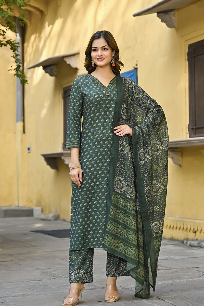 Ahika Green Cotton Blend Floral Printed Straight Suit Set VKSKD2298 - view 6