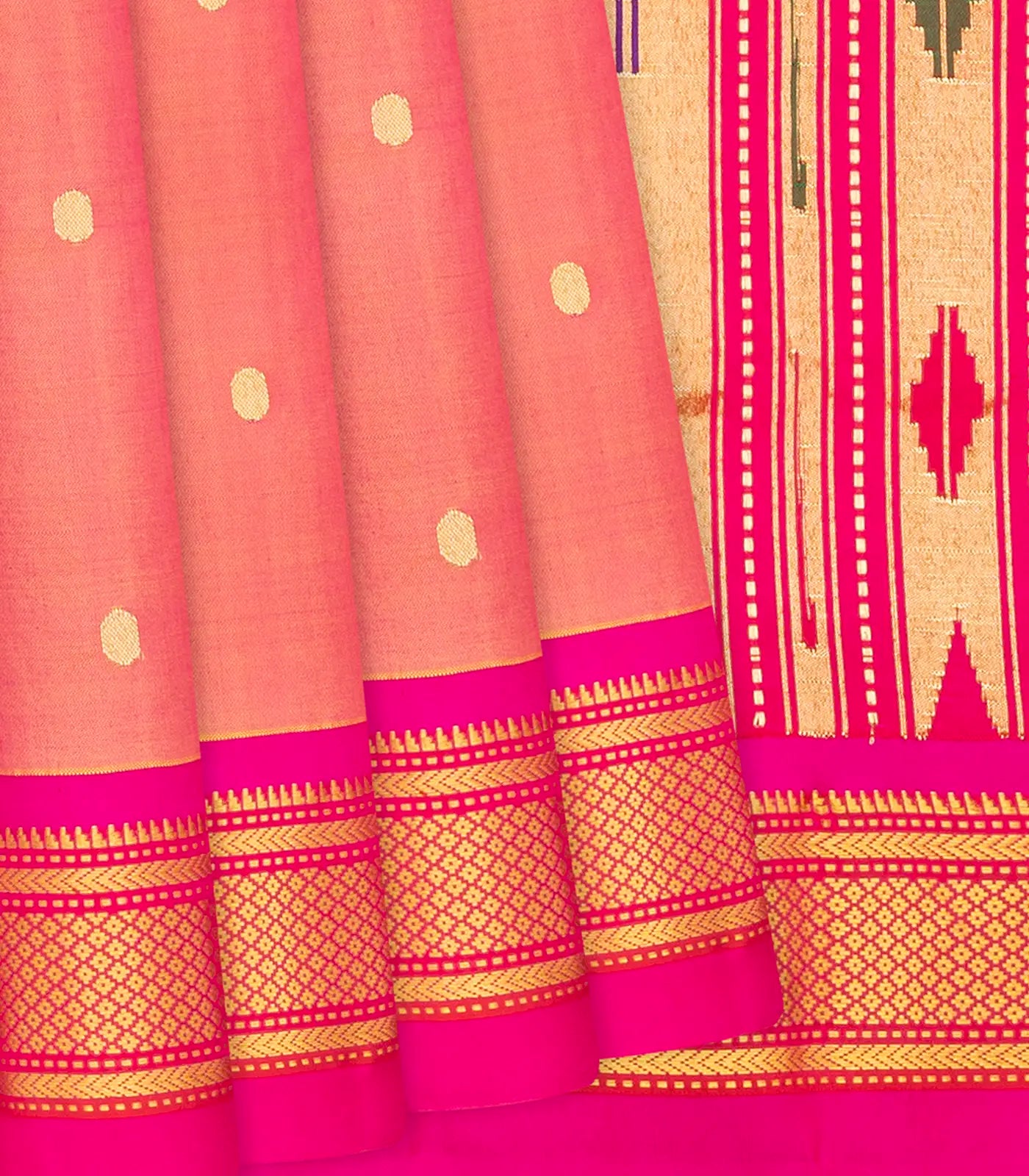 RmKV Peach Handloom Paithani Silk Saree With Coin Zari Buttas-Peach