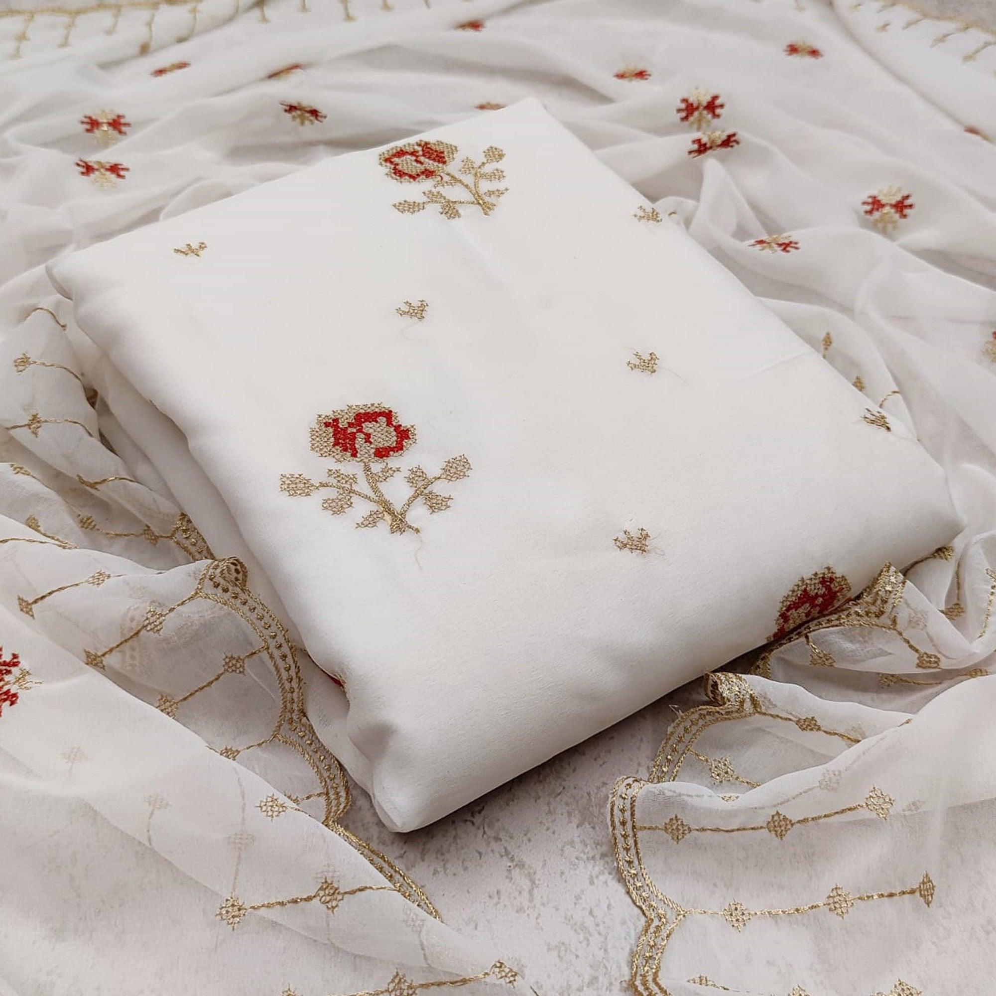 Peachmode Demanding White Colored Casual Wear Embroidered Georgette Dress Material
