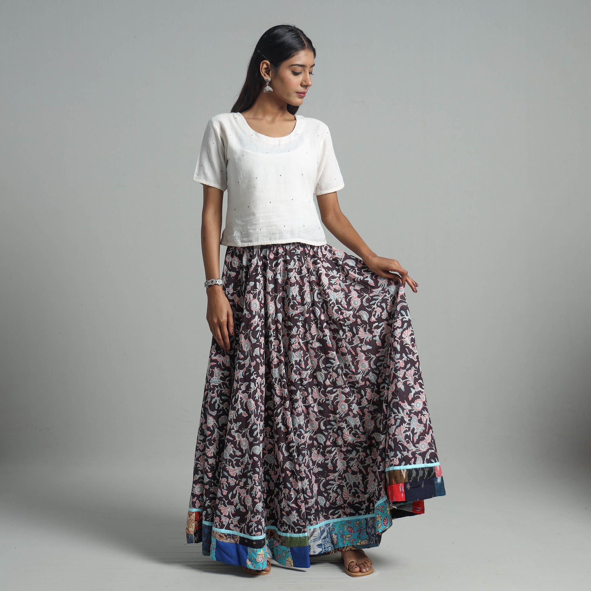 NOORI BAZAR Brown - Sanganeri Block Print Cotton Long Skirt 13
