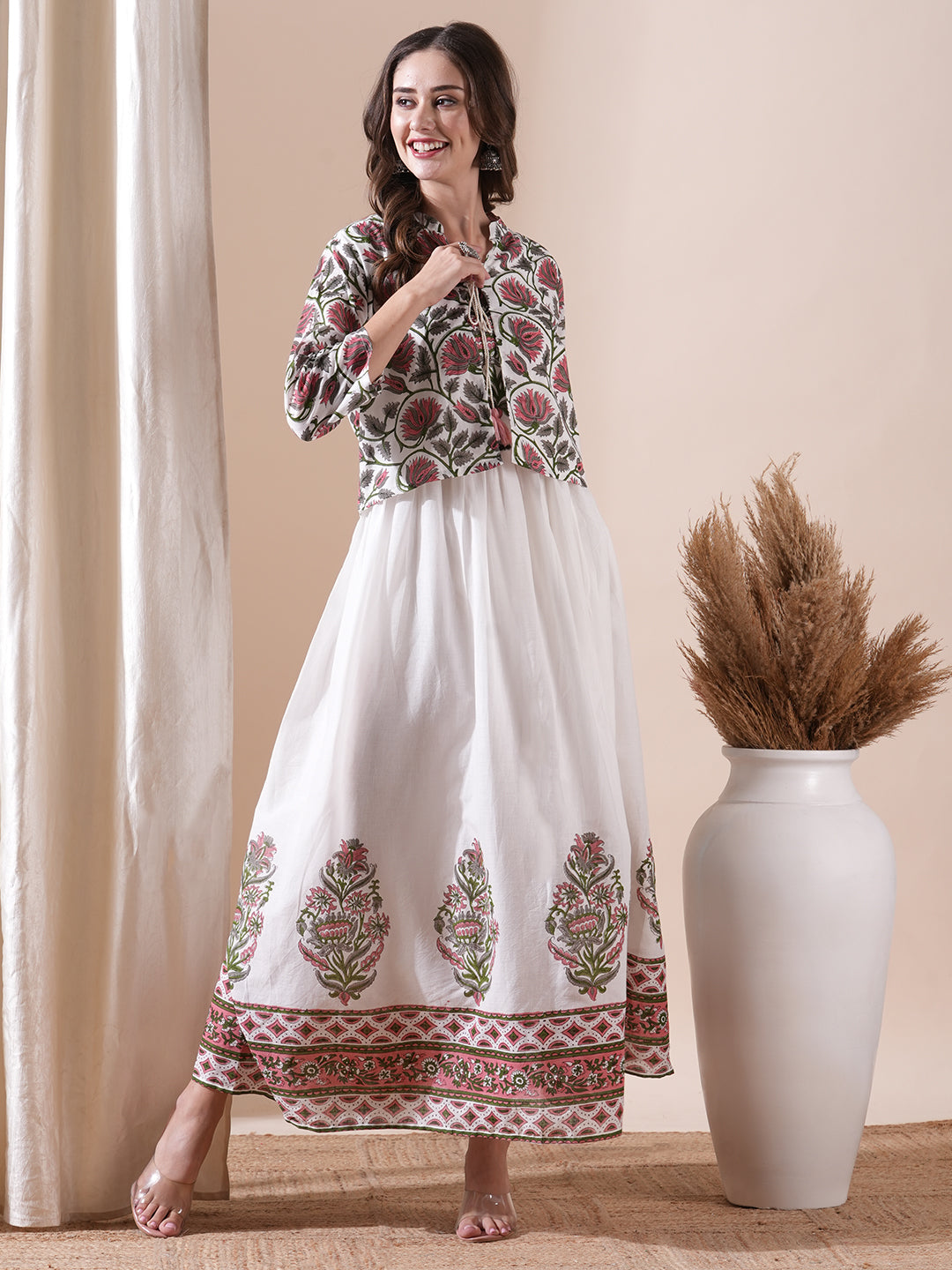 Fashor Floral Block Printed Maxi Dress with Floral Jacket - White