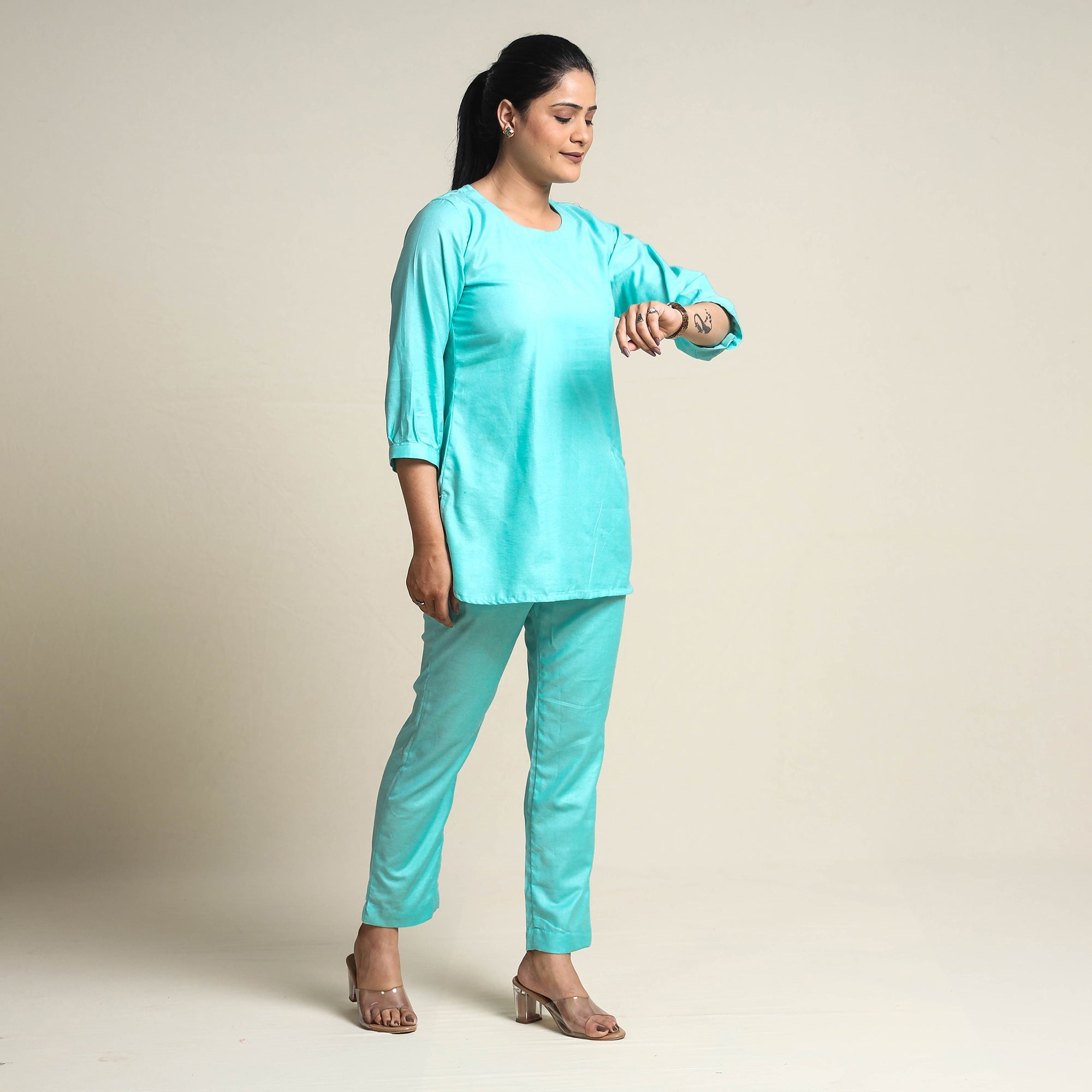 ITOKRI CASUALS Aqua Blue - Plain Linen Cotton Co-Ord Set - view 2