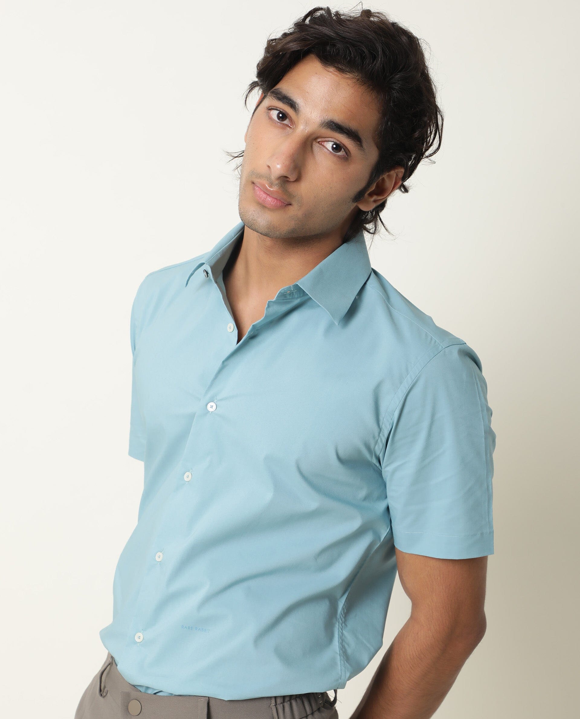 Rare Rabbit Mens Neutro Ss Blue Shirt Polycotton Fabric Slim Fit Collar Short Sleeve - view 6