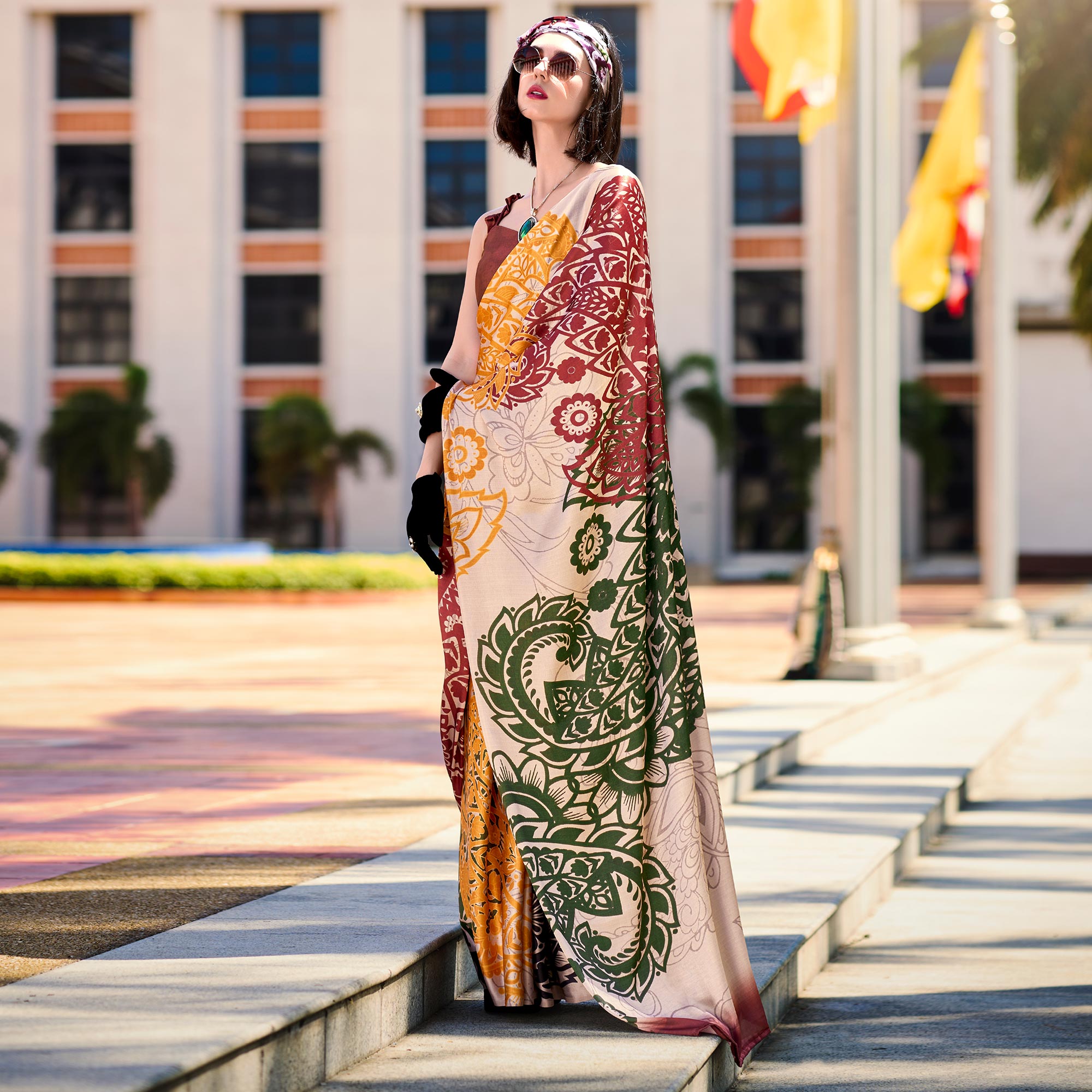 Peachmode Peach Floral Digital Printed Pure Satin Saree