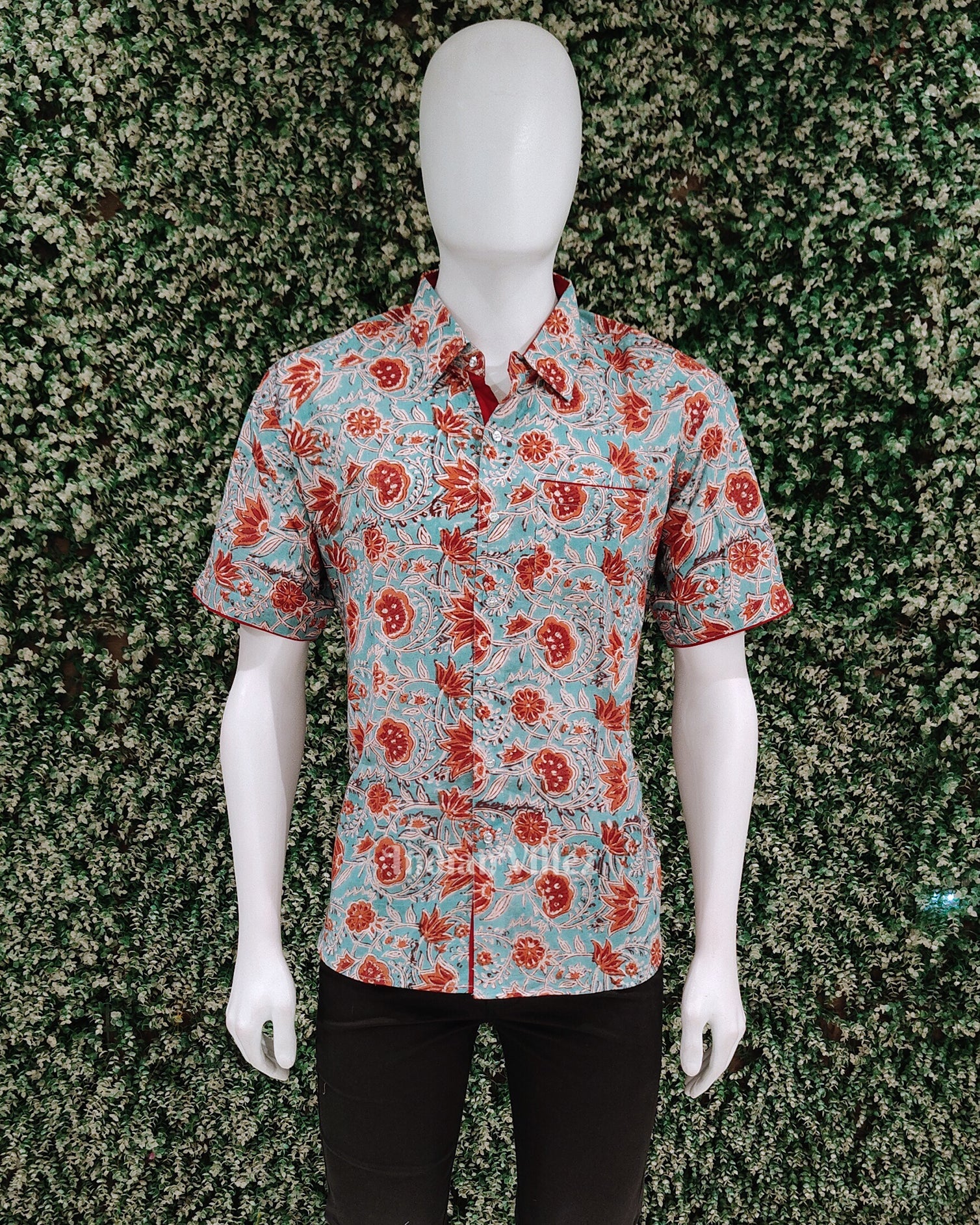 IndianVillèz Light Blue Flower Design Block Printed Half Sleeve Shirt for Men