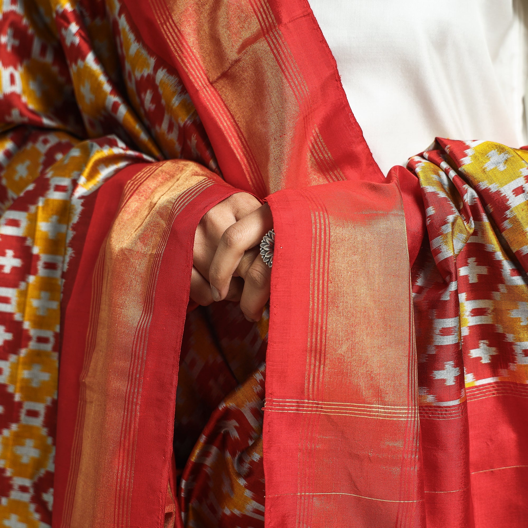 IKAT WEAVES BY EDEM CHANDANA Brown - Handwoven Pochampally Ikat Pure Mulberry Silk Dupatta with Tassels - view 4