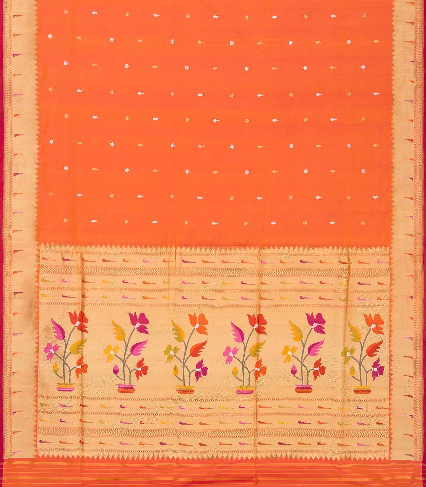 RmKV Orange Handwoven Banarasi Silk Saree With Floral Motif Buttas - view 2