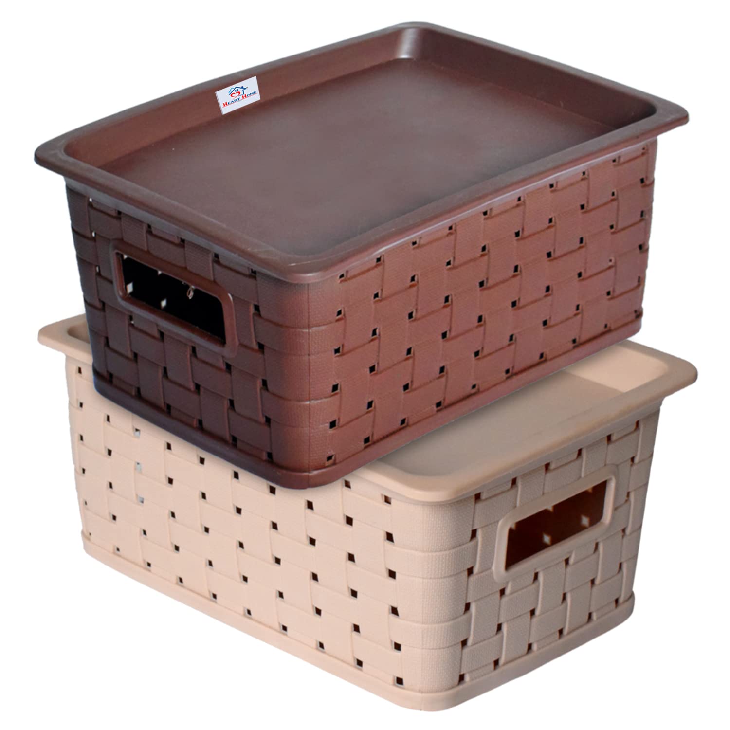 Heart Home BPA Free Attractive Design Multipurpose Large Trendy Storage Basket With Lid|Material-Plastic|Color-Brown,Beige|Pack of 2