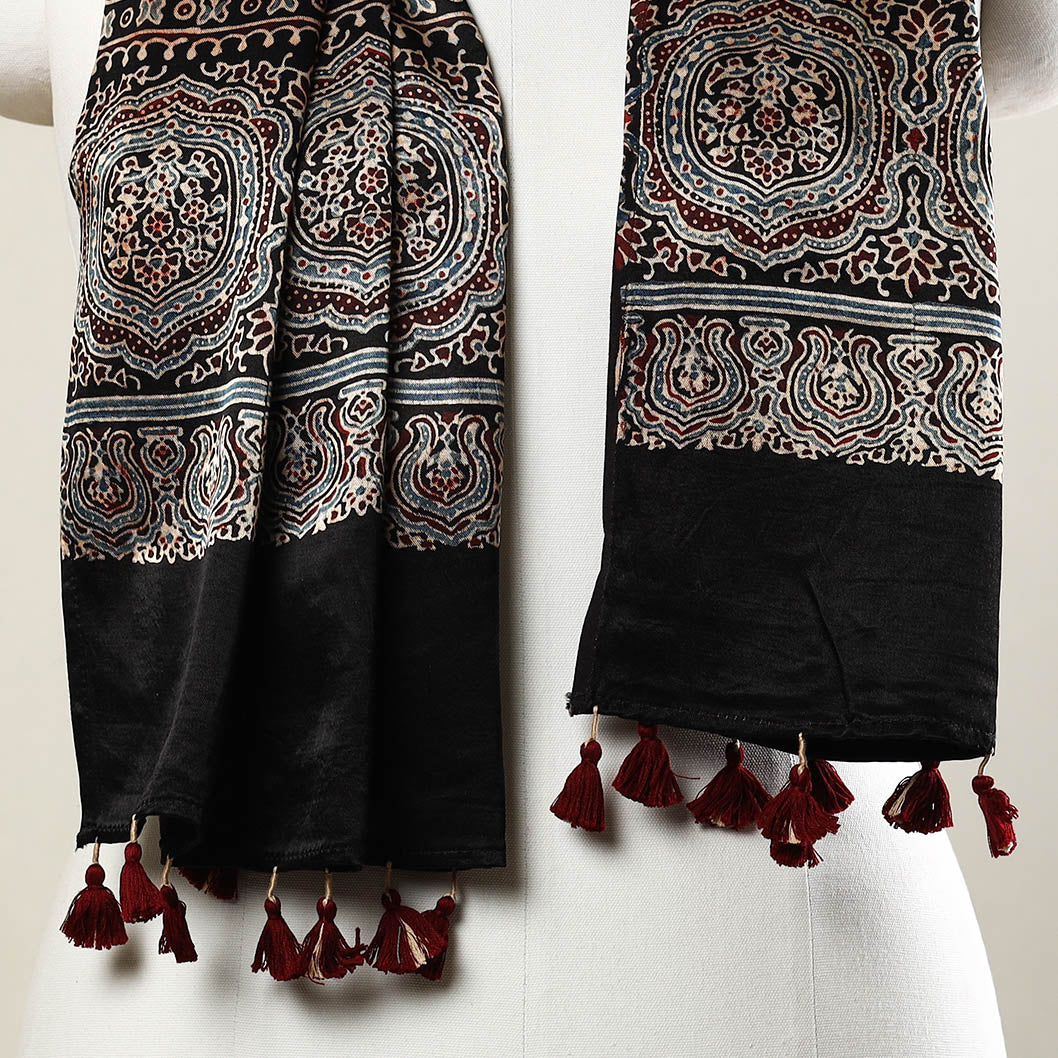 RIYAZ ABDULMAJID KHATRI - AJRAKH Black - Ajrakh Block Printed Mashru Silk Stole with Tassels - view 3
