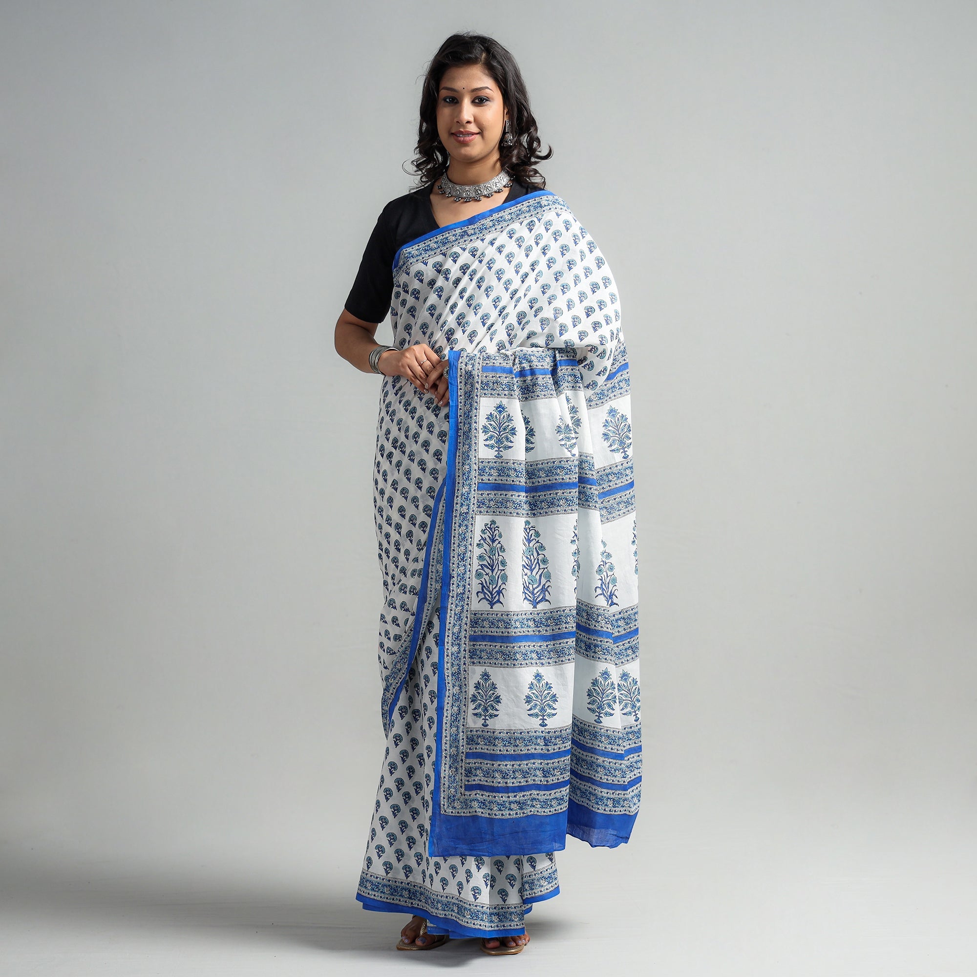 SANTOSH KUMAR DHANOPIA Blue - Block Printed Mul Cotton Sanganeri Saree