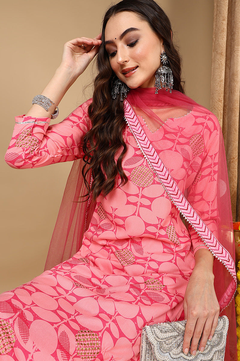Ahika Pink Viscose Rayon Geometric Printed Straight Suit Set VKSKD1990 - view 2